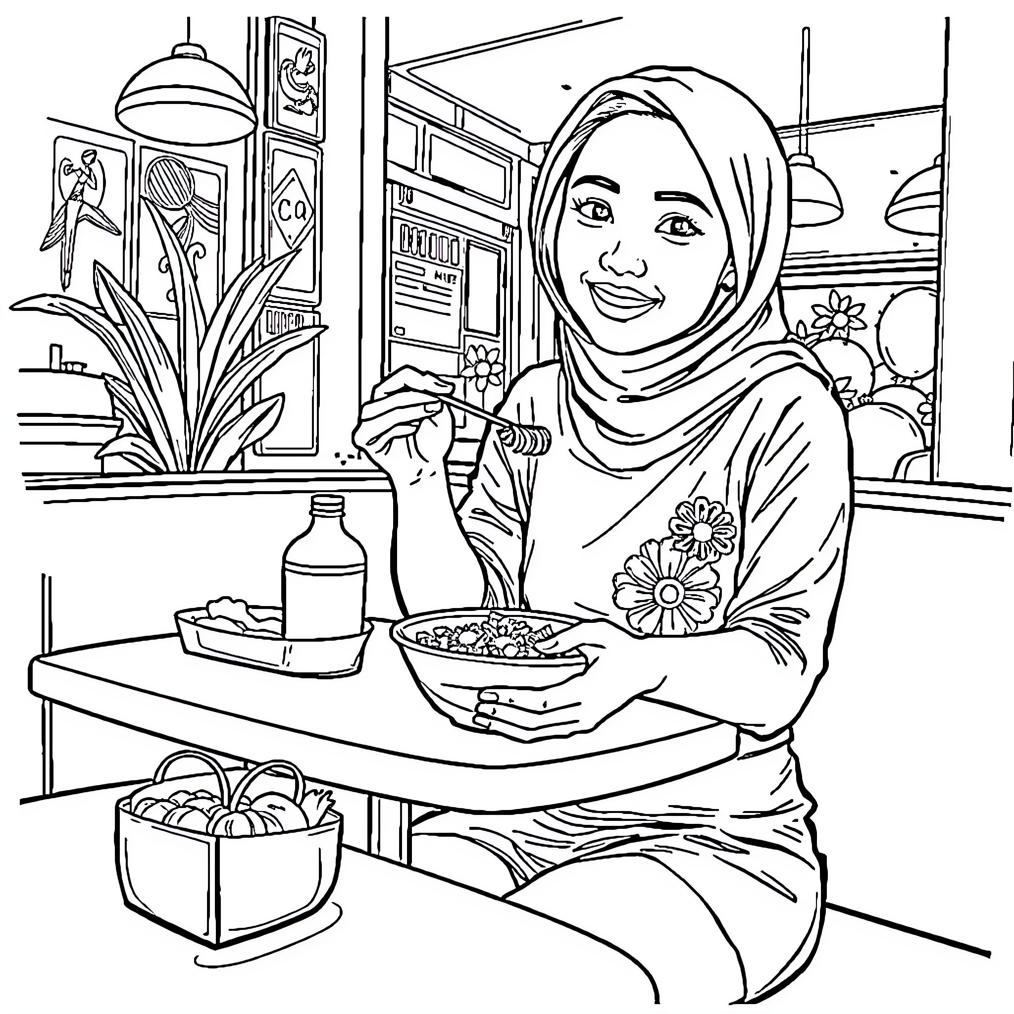 Woman preparing a meal in her kitchen Coloring Page (free black-and-white line drawing printable PDF for all, from beginners to advanced learners, including children, teens, adults, and seniors)