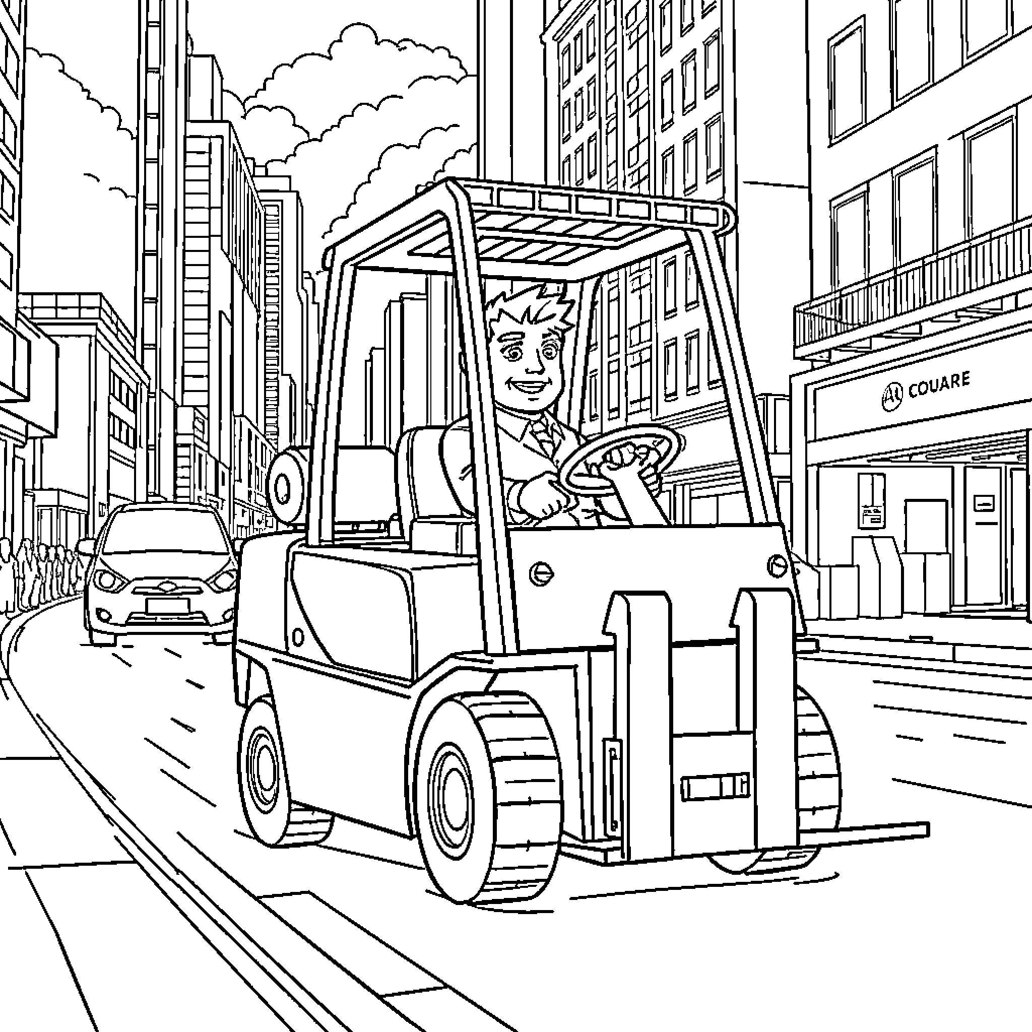 Myles Morales operating heavy machinery in the city Coloring Page (free black-and-white line drawing printable PDF for all, from beginners to advanced learners, including children, teens, adults, and seniors)