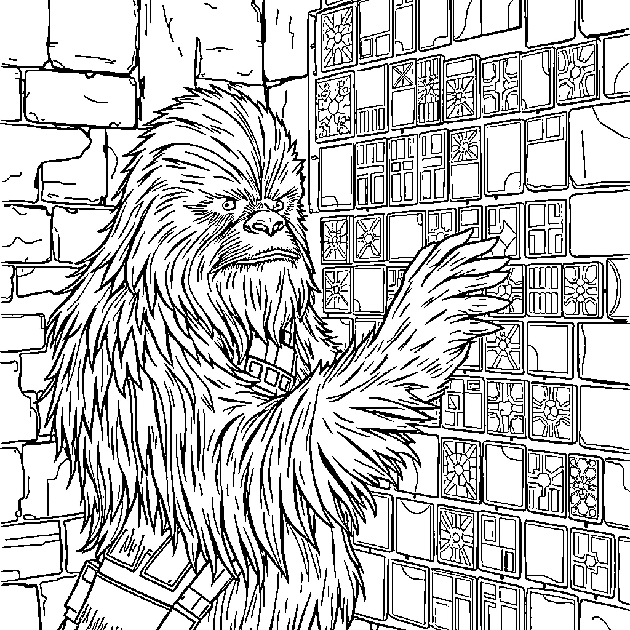 Chewbacca exploring an intricate architectural scene Coloring Page (free black-and-white line drawing printable PDF for all, from beginners to advanced learners, including children, teens, adults, and seniors)