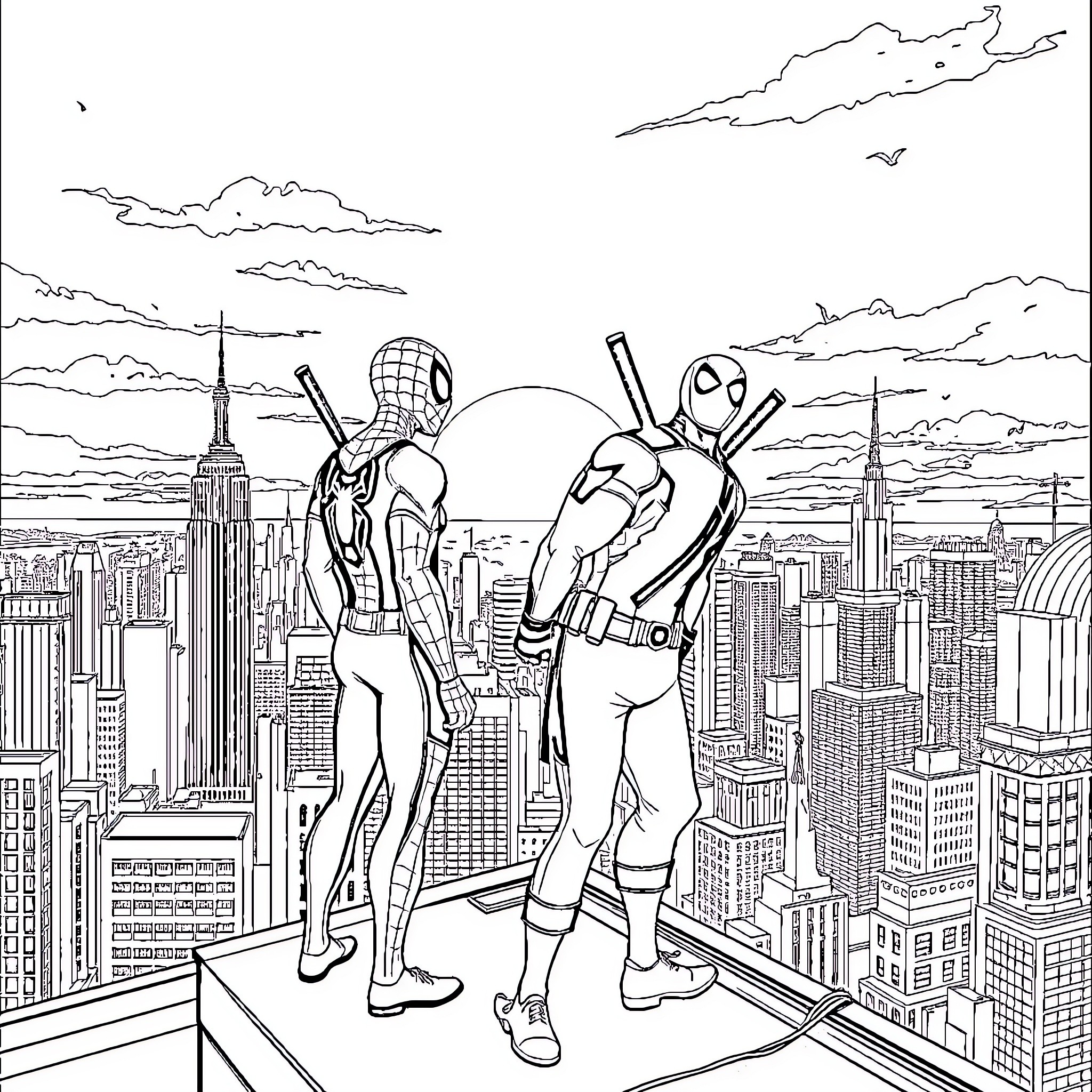 Spiderman and Deadpool overlooking the city skyline Coloring Page (free black-and-white line drawing printable PDF for all, from beginners to advanced learners, including children, teens, adults, and seniors)