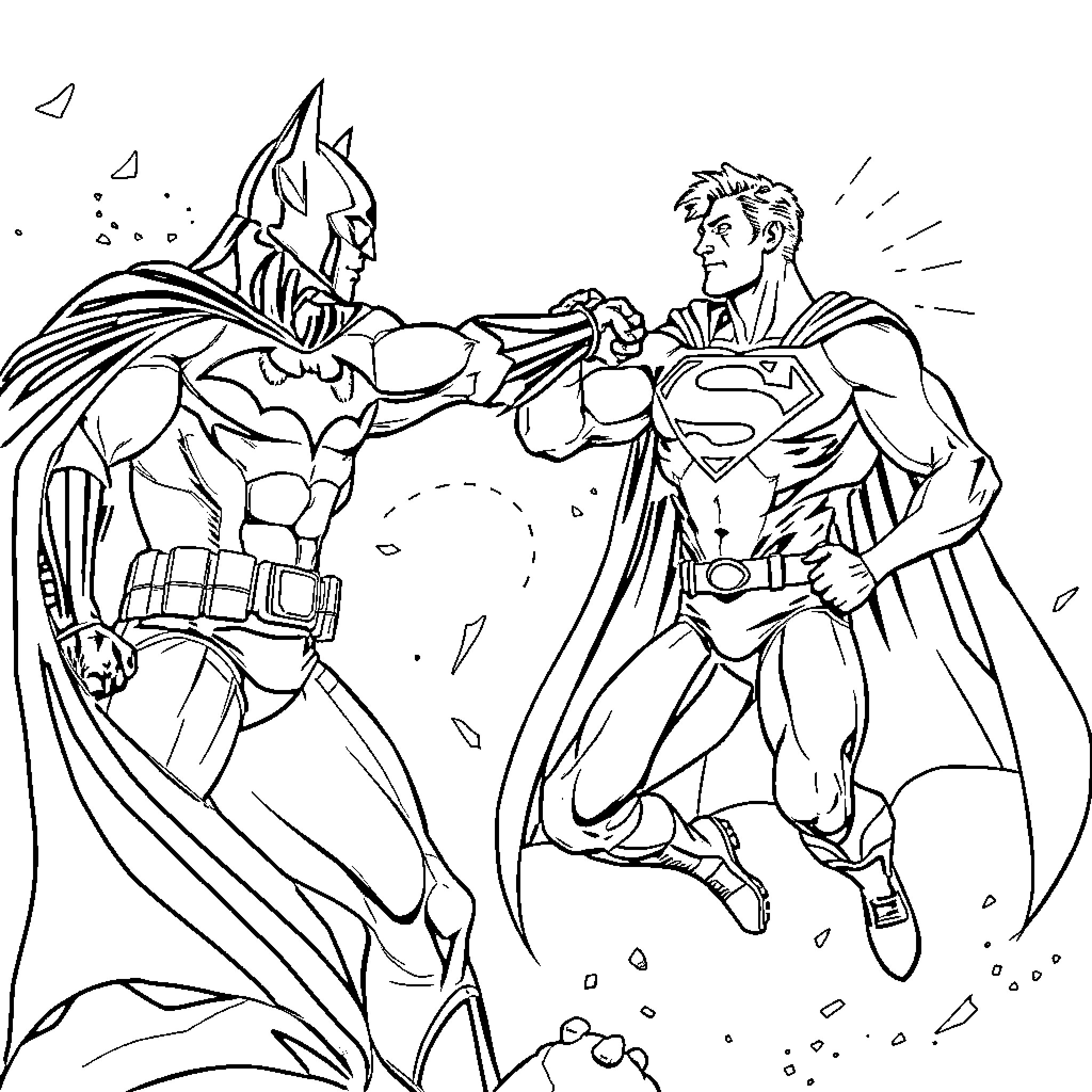 Batman and Superman in epic battle Coloring Page (free black-and-white line drawing printable PDF for all, from beginners to advanced learners, including children, teens, adults, and seniors)