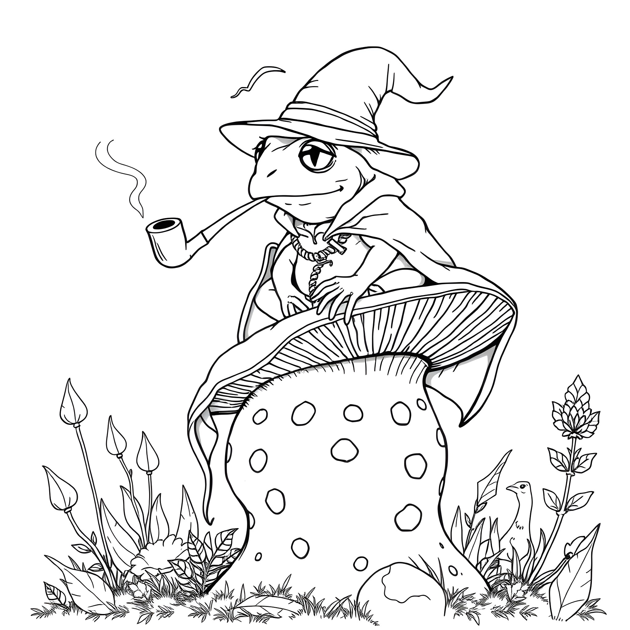 Frog Wizard Sitting on Mushroom with Pipe Coloring Page (free black-and-white line drawing printable PDF for all, from beginners to advanced learners, including children, teens, adults, and seniors)