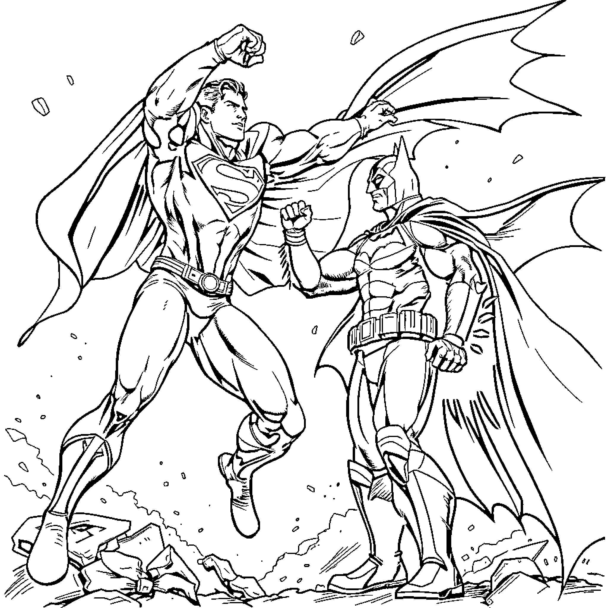Superman and Batman in an epic showdown Coloring Page (free black-and-white line drawing printable PDF for all, from beginners to advanced learners, including children, teens, adults, and seniors)