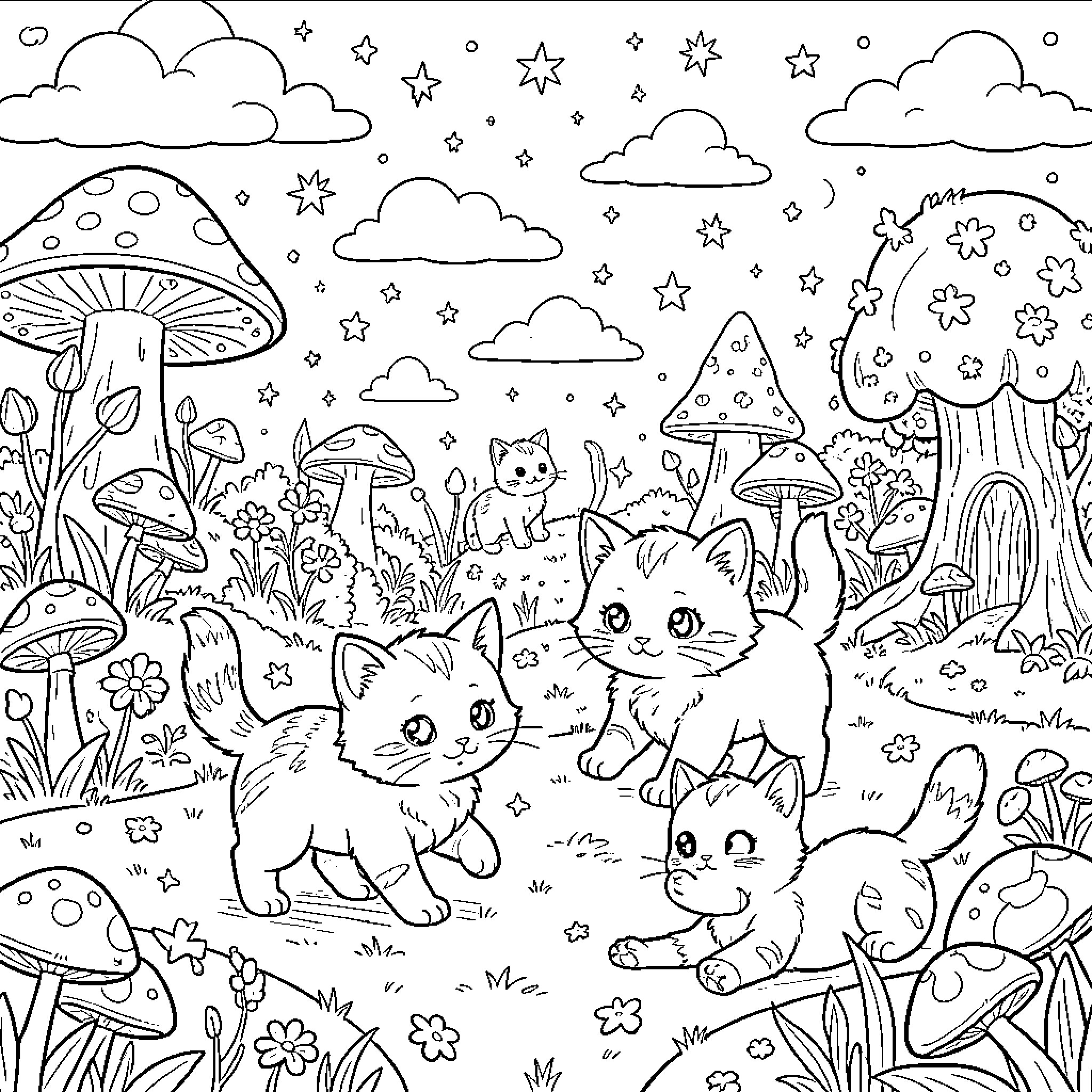 Kittens exploring a magical mushroom forest Coloring Page (free black-and-white line drawing printable PDF for all, from beginners to advanced learners, including children, teens, adults, and seniors)