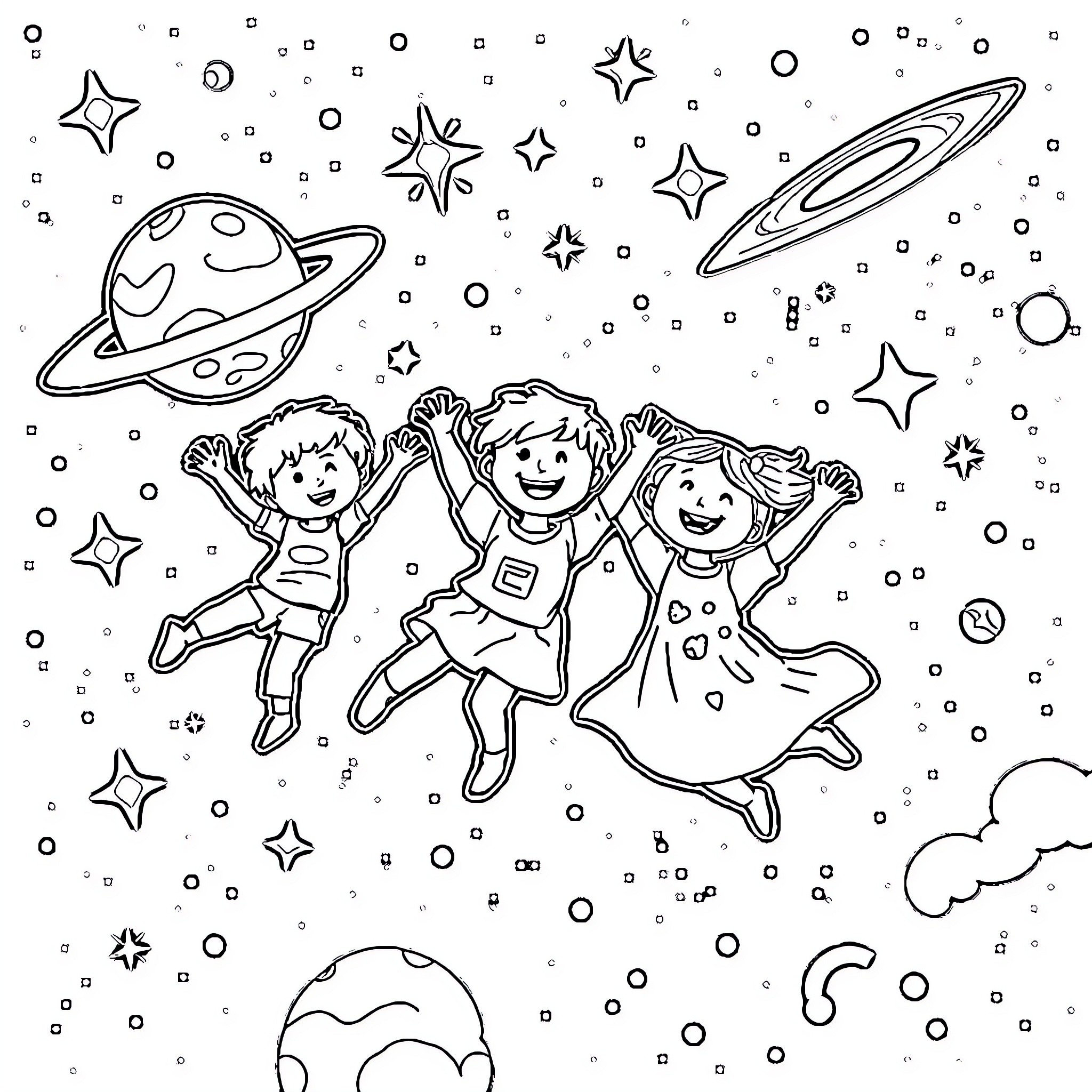 Children exploring the wonders of the cosmos Coloring Page (free black-and-white line drawing printable PDF for all, from beginners to advanced learners, including children, teens, adults, and seniors)