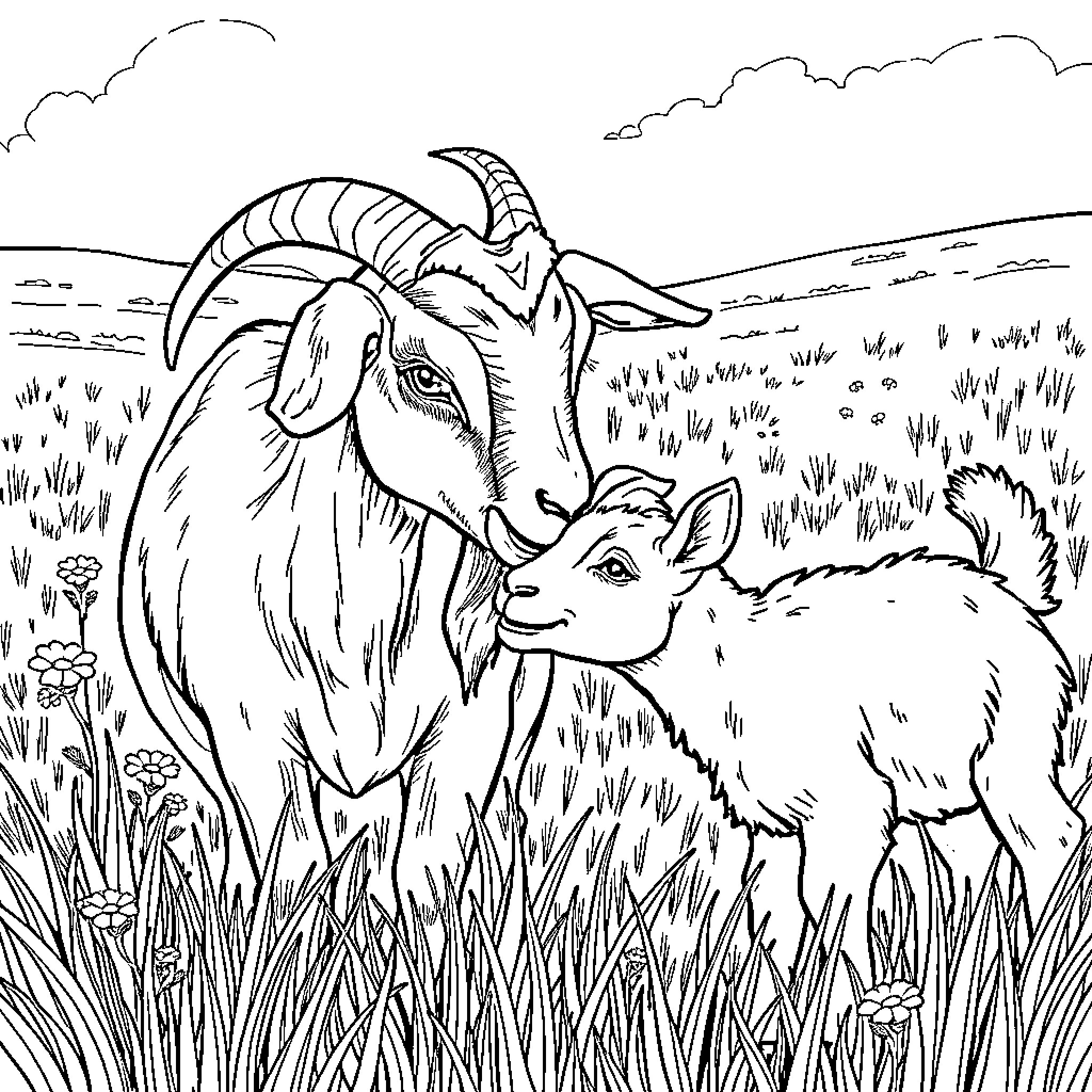 Goat and its kid in a grassy field Coloring Page (free black-and-white line drawing printable PDF for all, from beginners to advanced learners, including children, teens, adults, and seniors)