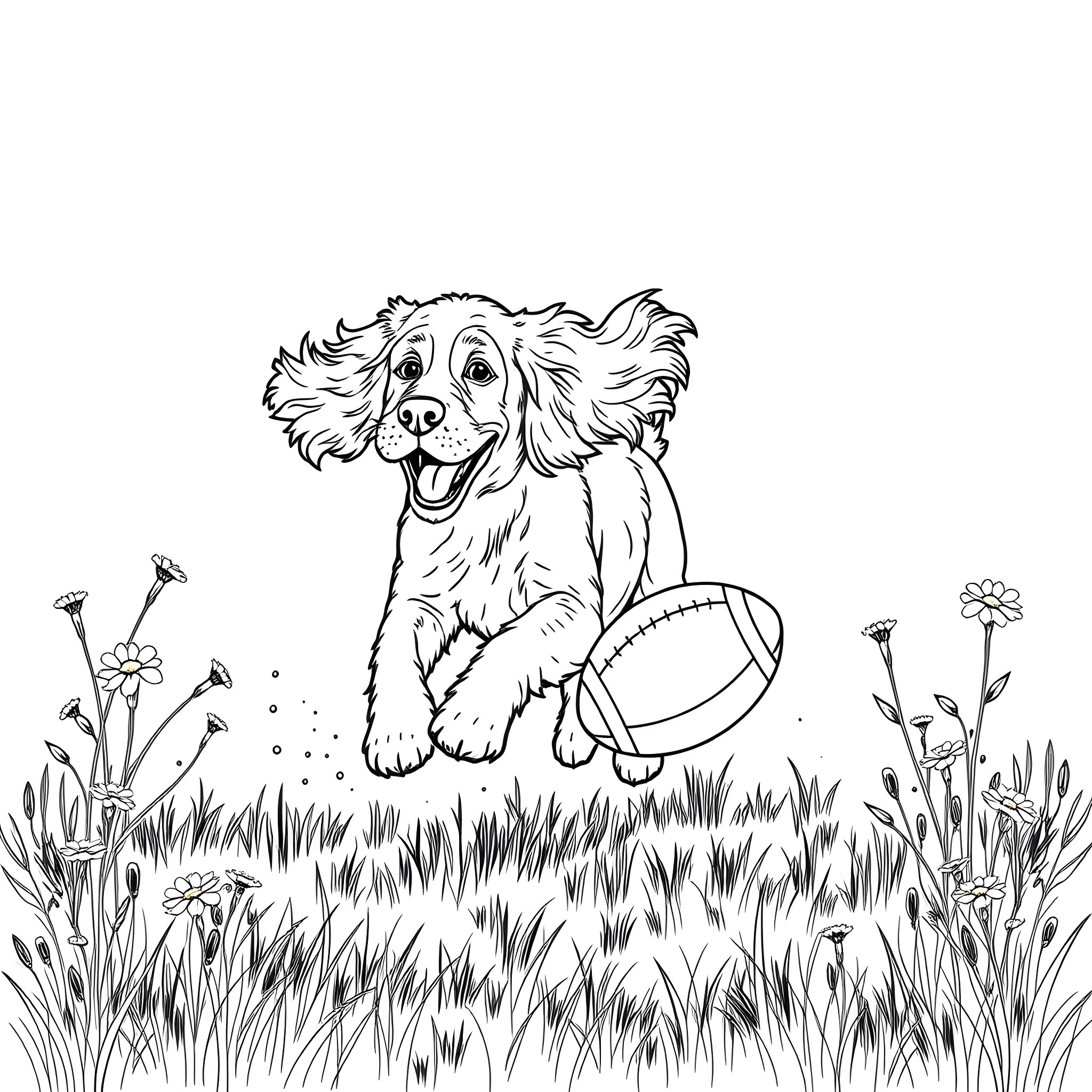 Cocker Spaniel playing joyfully with a ball in the grass Coloring Page (free black-and-white line drawing printable PDF for all, from beginners to advanced learners, including children, teens, adults, and seniors)
