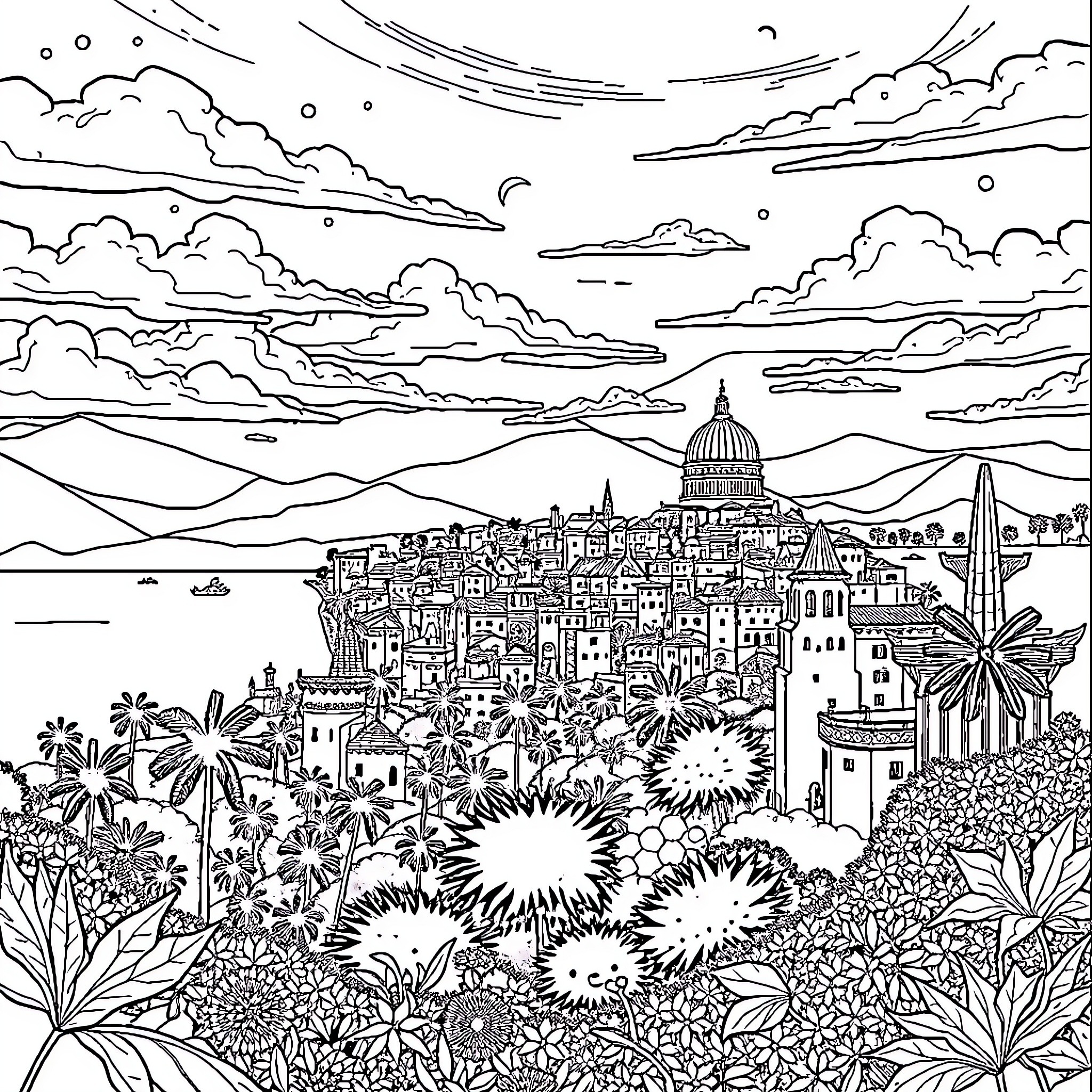 City skyline with vibrant vegetation and architectural details Coloring Page (free black-and-white line drawing printable PDF for all, from beginners to advanced learners, including children, teens, adults, and seniors)