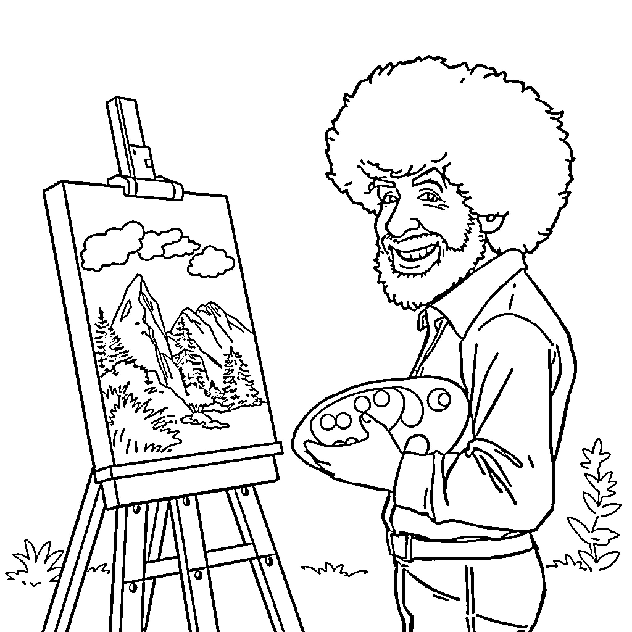 Bob Ross painting a serene landscape scene Coloring Page (free black-and-white line drawing printable PDF for all, from beginners to advanced learners, including children, teens, adults, and seniors)