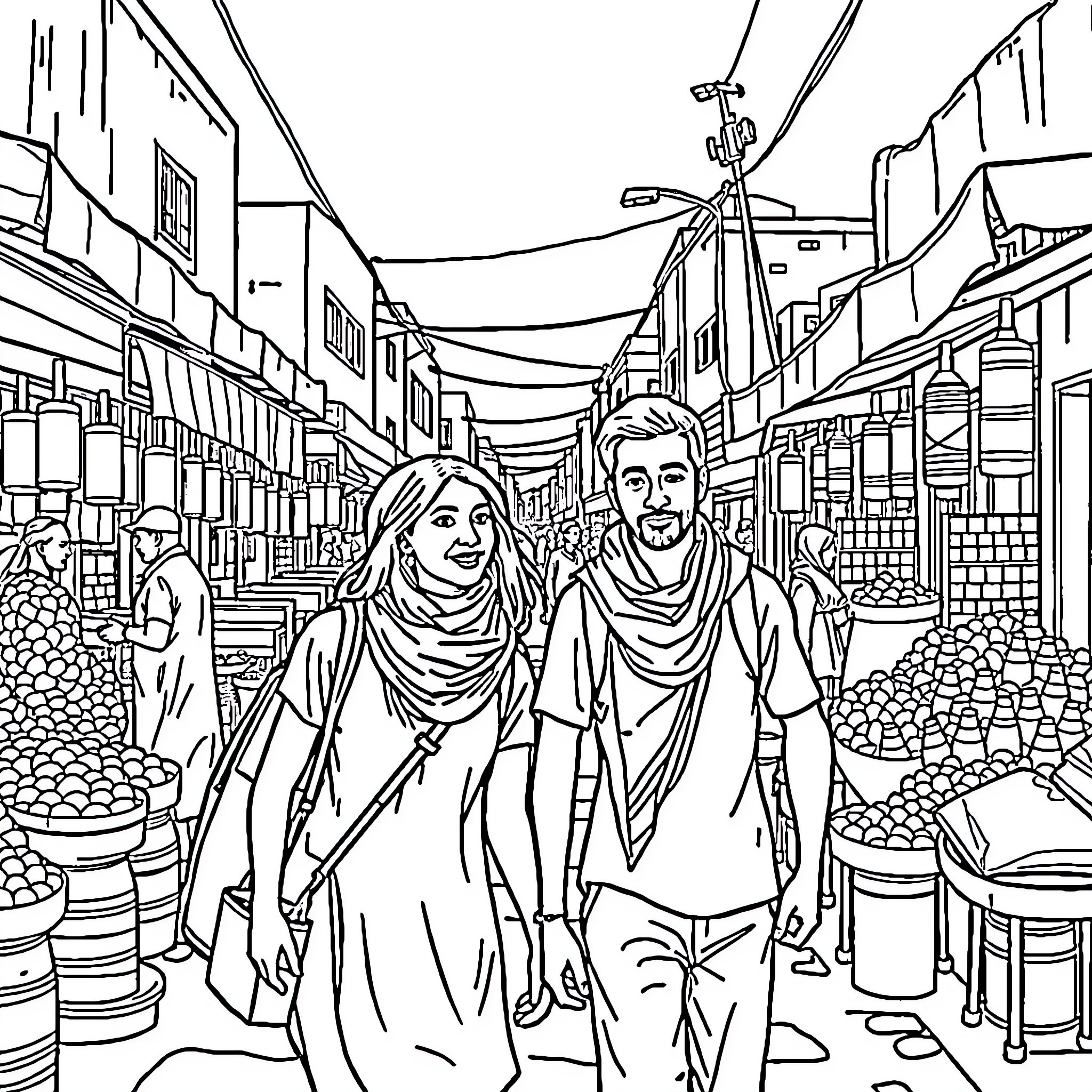 Megan and Harry exploring a busy marketplace Coloring Page (free black-and-white line drawing printable PDF for all, from beginners to advanced learners, including children, teens, adults, and seniors)