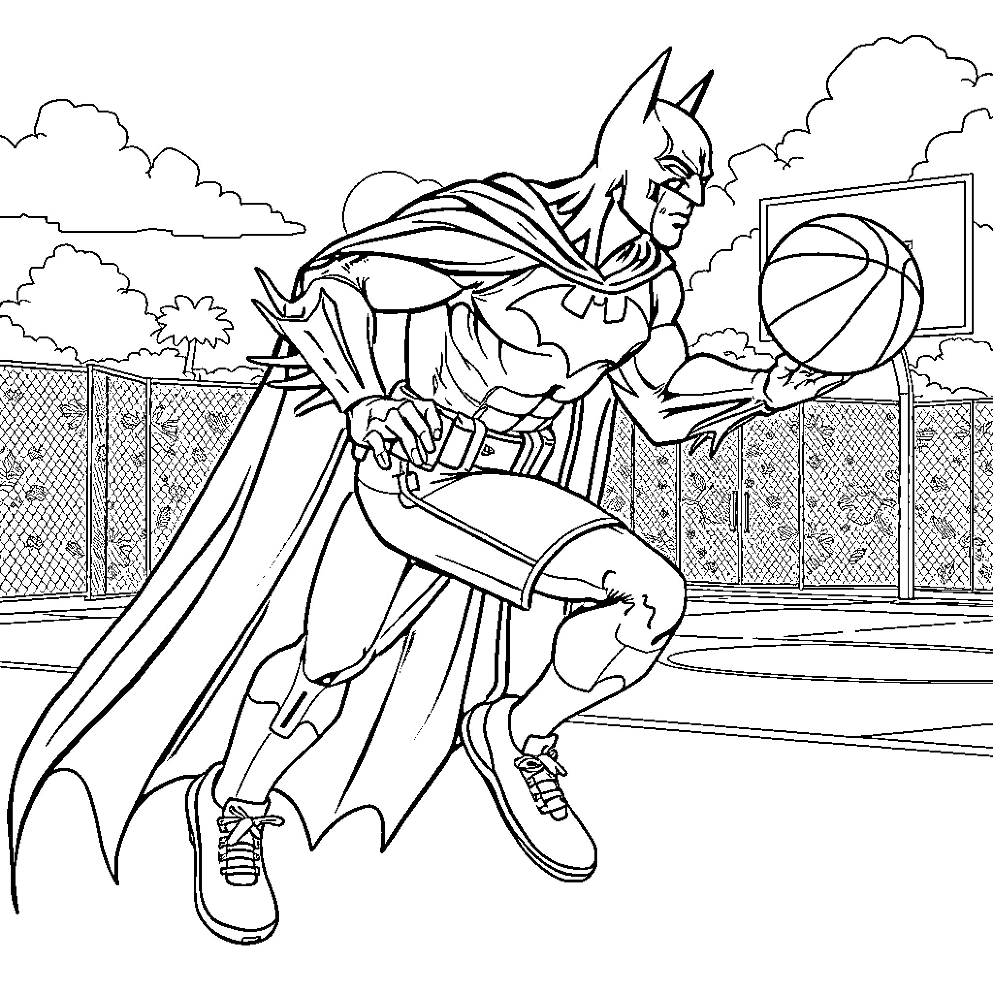 Batman Plays Basketball on the Court Coloring Page (free black-and-white line drawing printable PDF for all, from beginners to advanced learners, including children, teens, adults, and seniors)