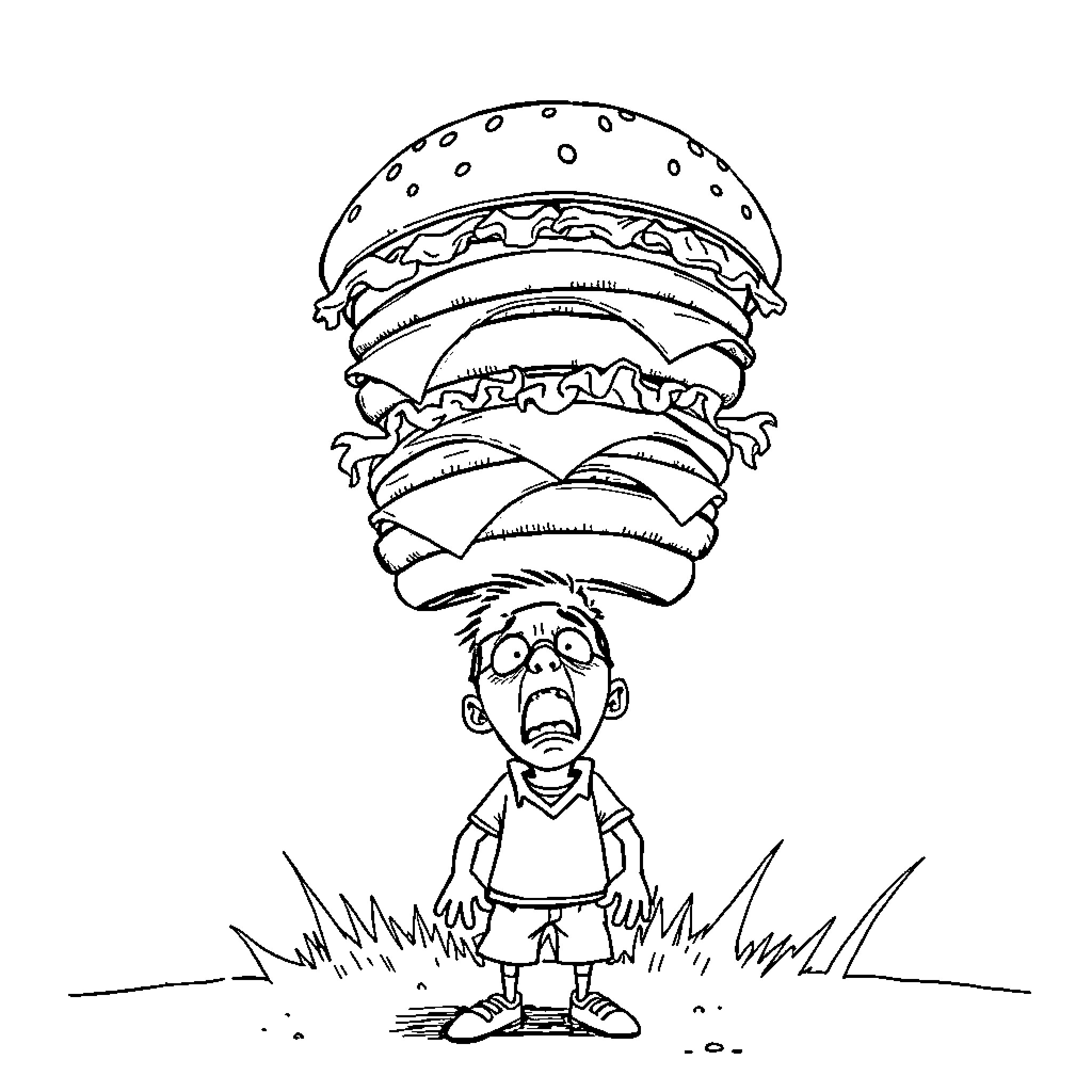 Hamburger balancing on boy's head Coloring Page (free black-and-white line drawing printable PDF for all, from beginners to advanced learners, including children, teens, adults, and seniors)