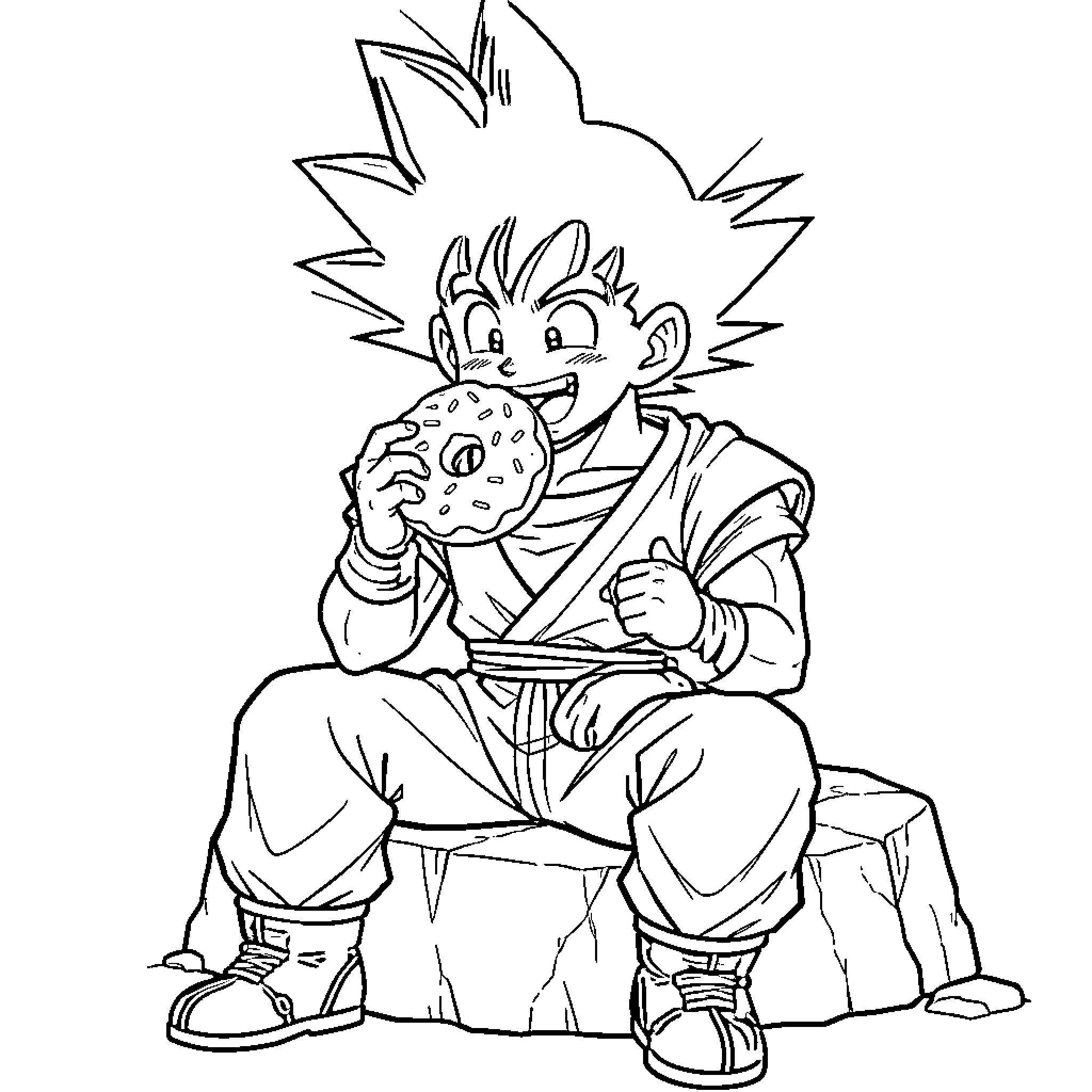 Sangoku happily eating a donut while sitting Coloring Page (free black-and-white line drawing printable PDF for all, from beginners to advanced learners, including children, teens, adults, and seniors)