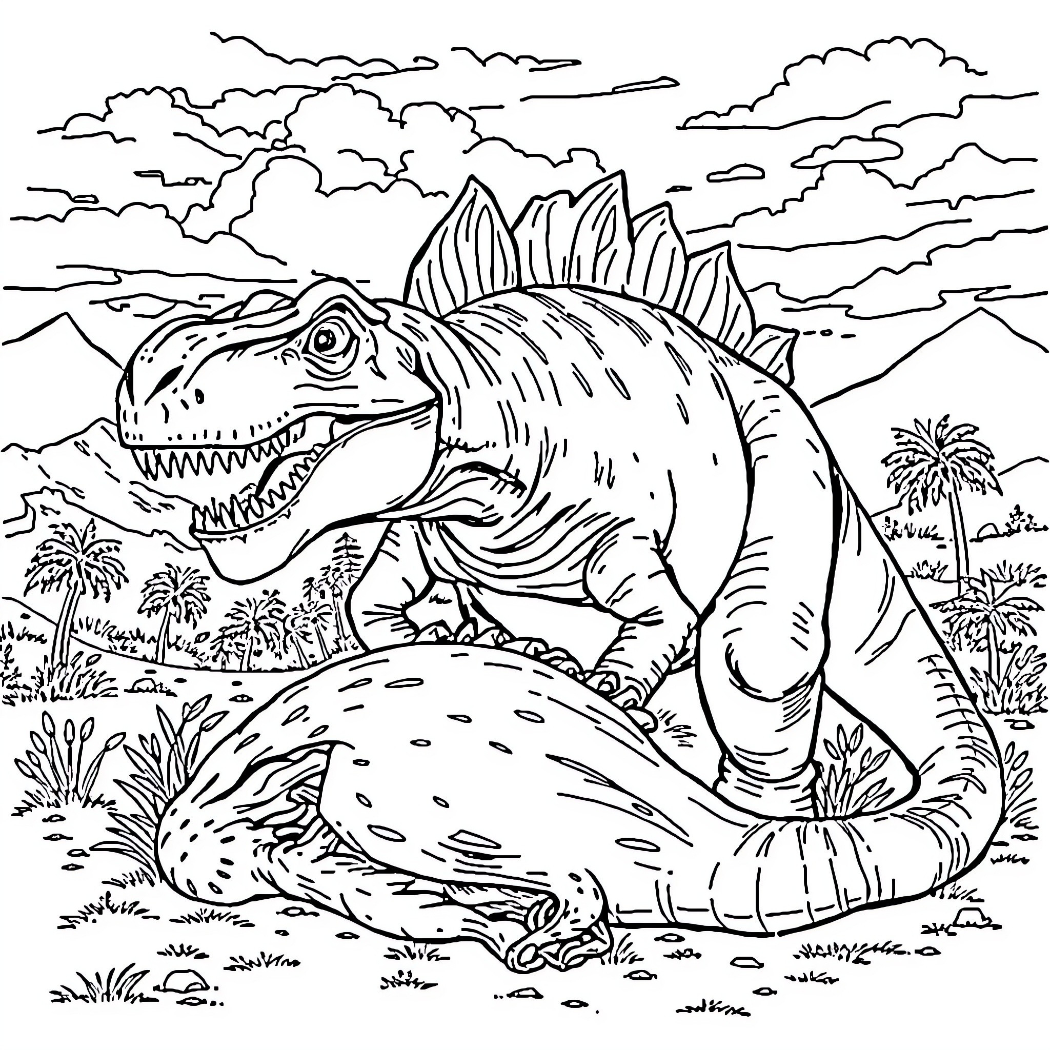 Majungasaurus roaming through prehistoric landscape Coloring Page (free black-and-white line drawing printable PDF for all, from beginners to advanced learners, including children, teens, adults, and seniors)