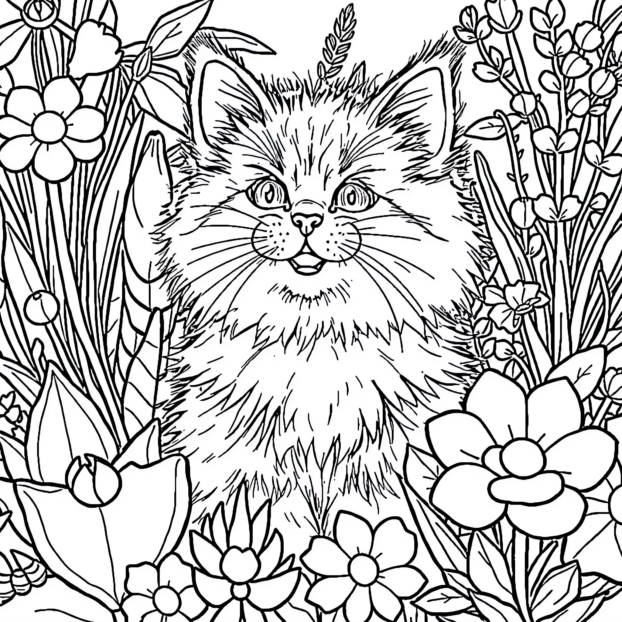 Cat in Floral Garden Coloring Page (free black-and-white line drawing printable PDF for all, from beginners to advanced learners, including children, teens, adults, and seniors)