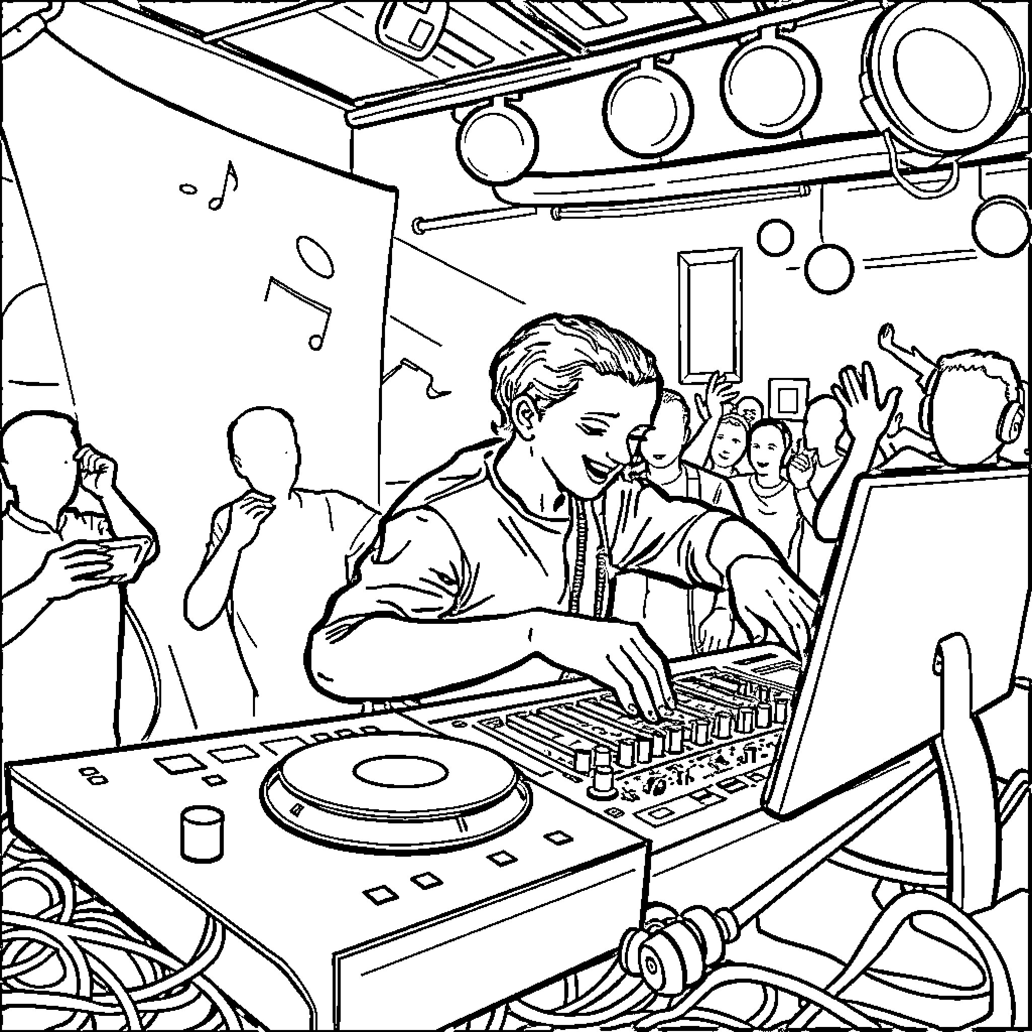 DJ Spinning Tunes at a Lively Party Coloring Page (free black-and-white line drawing printable PDF for all, from beginners to advanced learners, including children, teens, adults, and seniors)