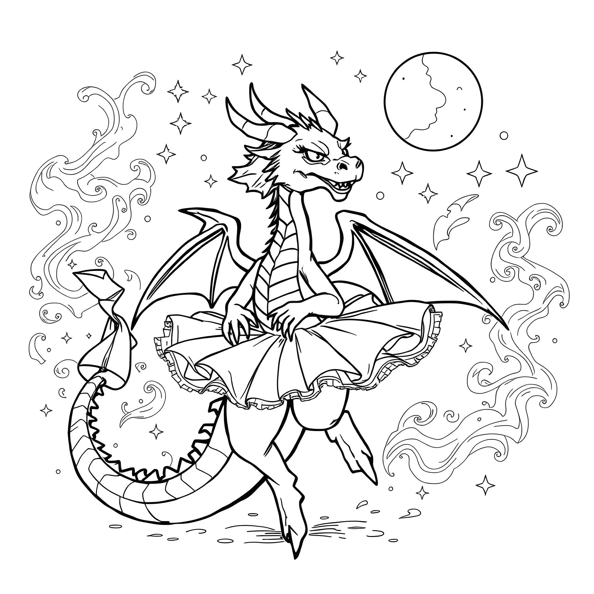 Dragon performing magical acts under the night sky Coloring Page (free black-and-white line drawing printable PDF for all, from beginners to advanced learners, including children, teens, adults, and seniors)