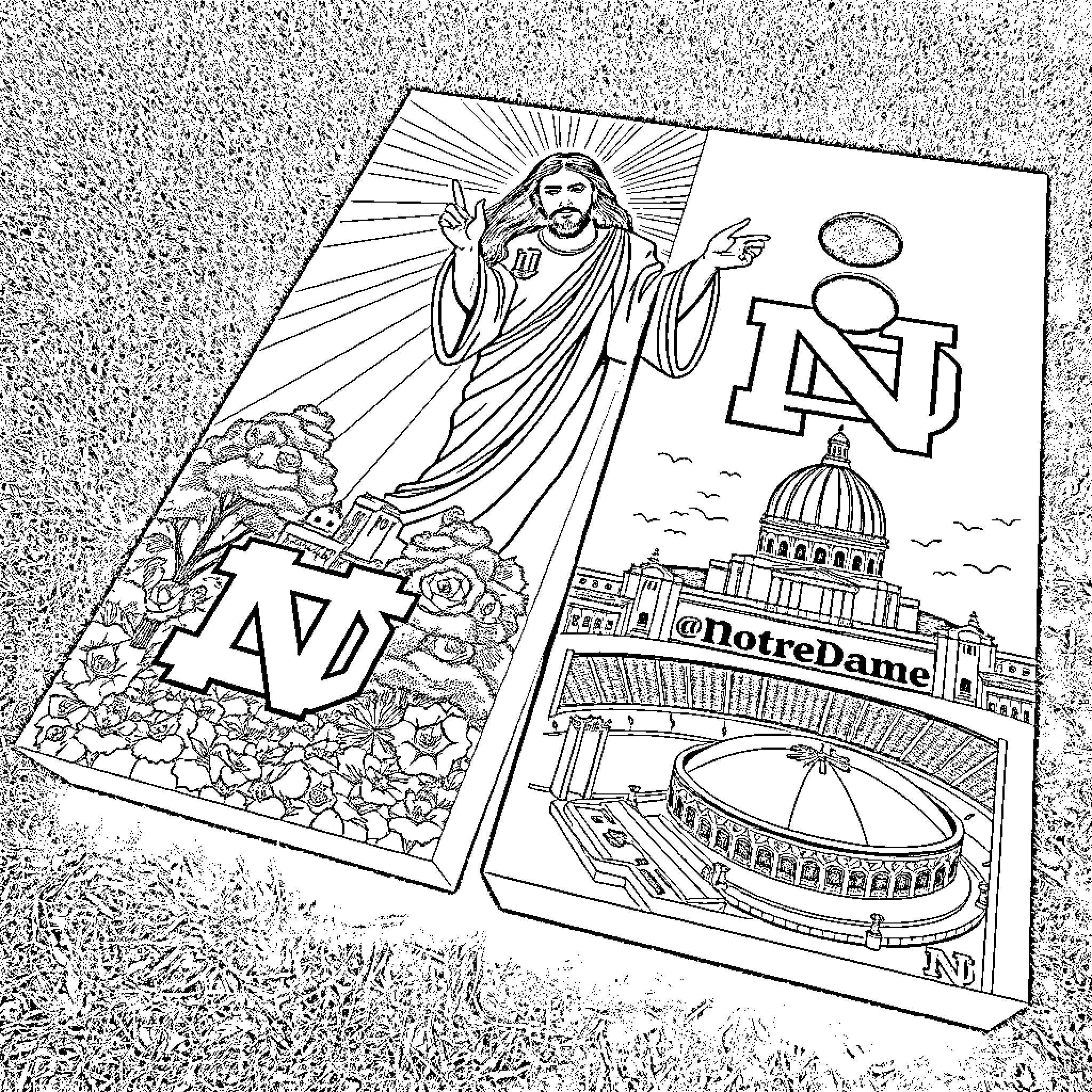 Cornhole game with religious and campus imagery Coloring Page (free black-and-white line drawing printable PDF for all, from beginners to advanced learners, including children, teens, adults, and seniors)