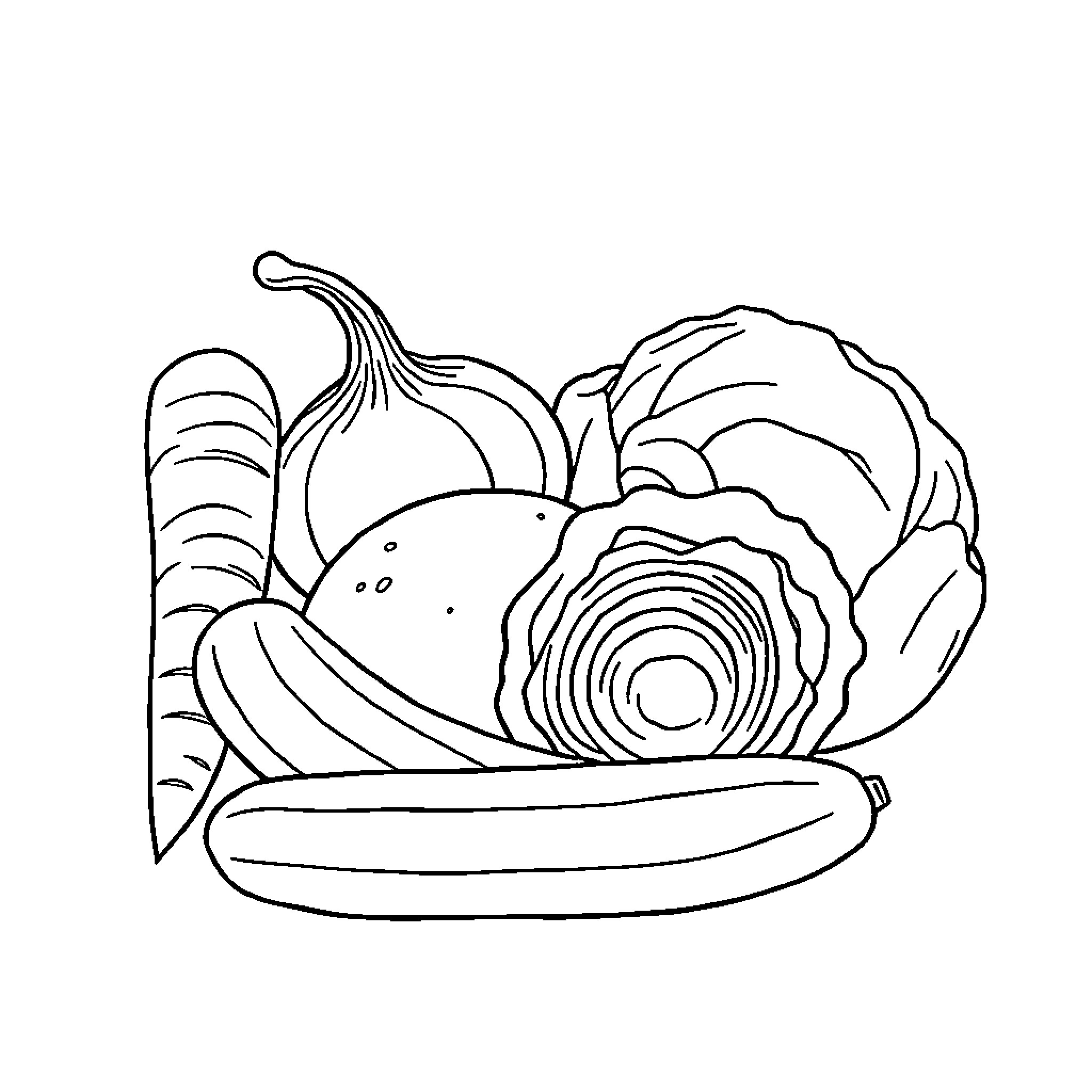 Vegetable harvest basket with assorted produce Coloring Page (free black-and-white line drawing printable PDF for all, from beginners to advanced learners, including children, teens, adults, and seniors)
