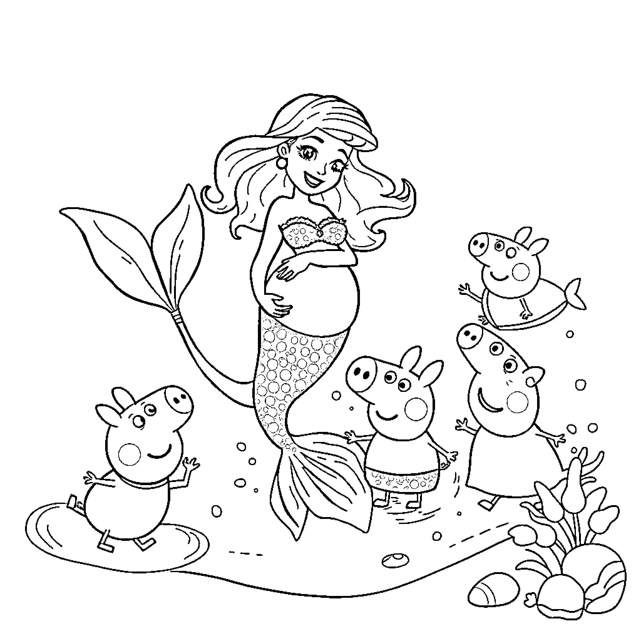 Ariel the Mermaid's Underwater Adventure Coloring Page (free black-and-white line drawing printable PDF for all, from beginners to advanced learners, including children, teens, adults, and seniors)