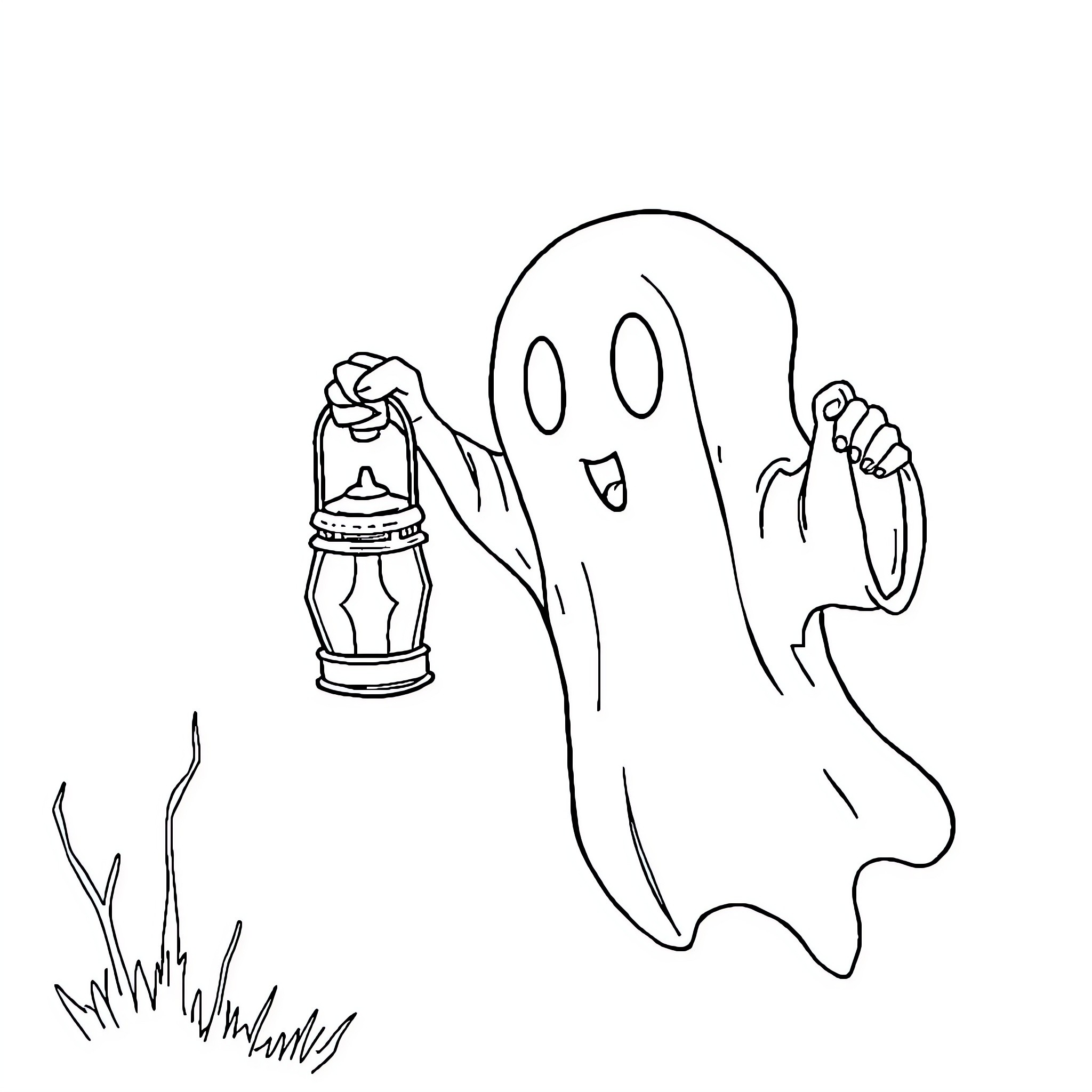 Ghost holding a lantern in a spooky scene Coloring Page (free black-and-white line drawing printable PDF for all, from beginners to advanced learners, including children, teens, adults, and seniors)
