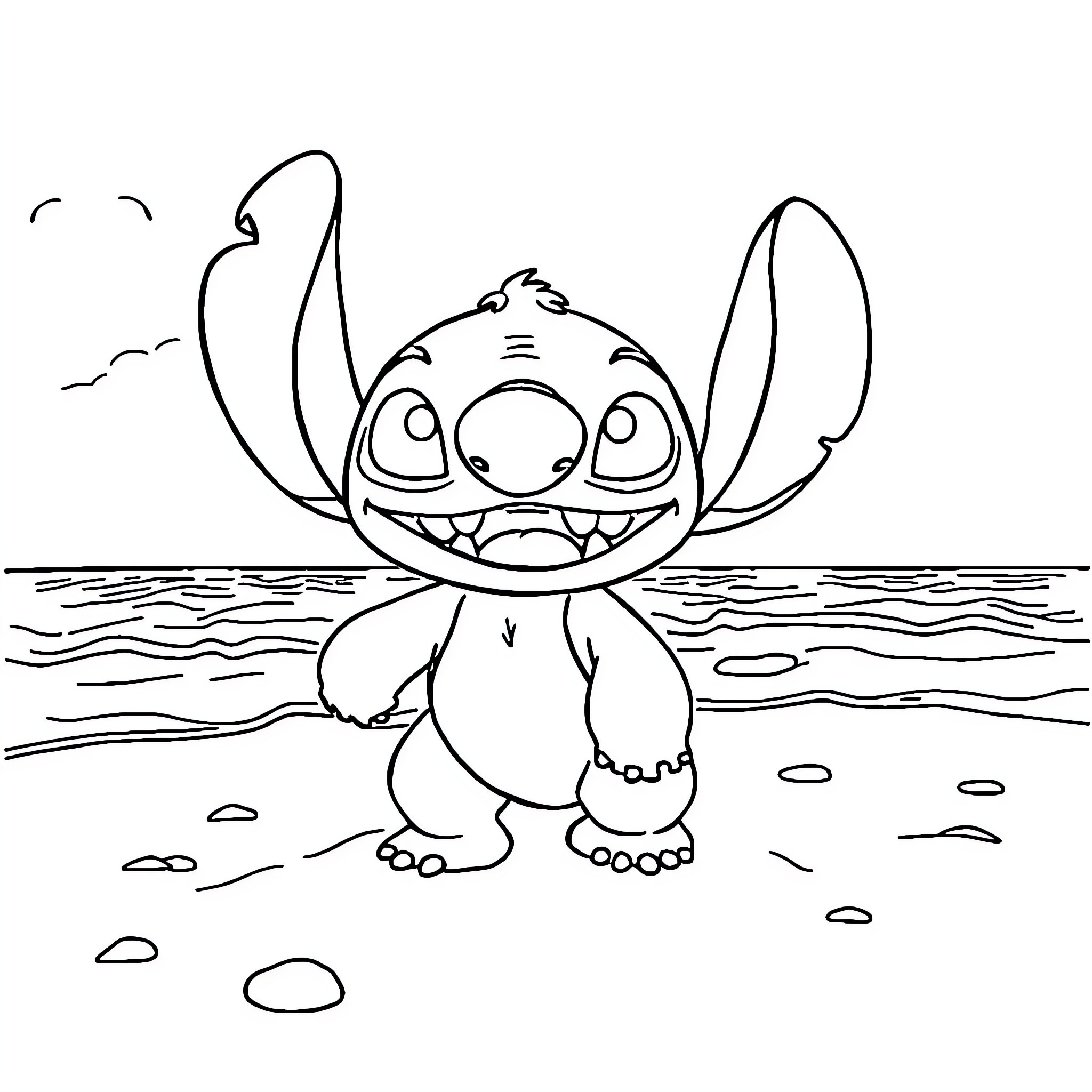 Stitch enjoying the beachside view Coloring Page (free black-and-white line drawing printable PDF for all, from beginners to advanced learners, including children, teens, adults, and seniors)