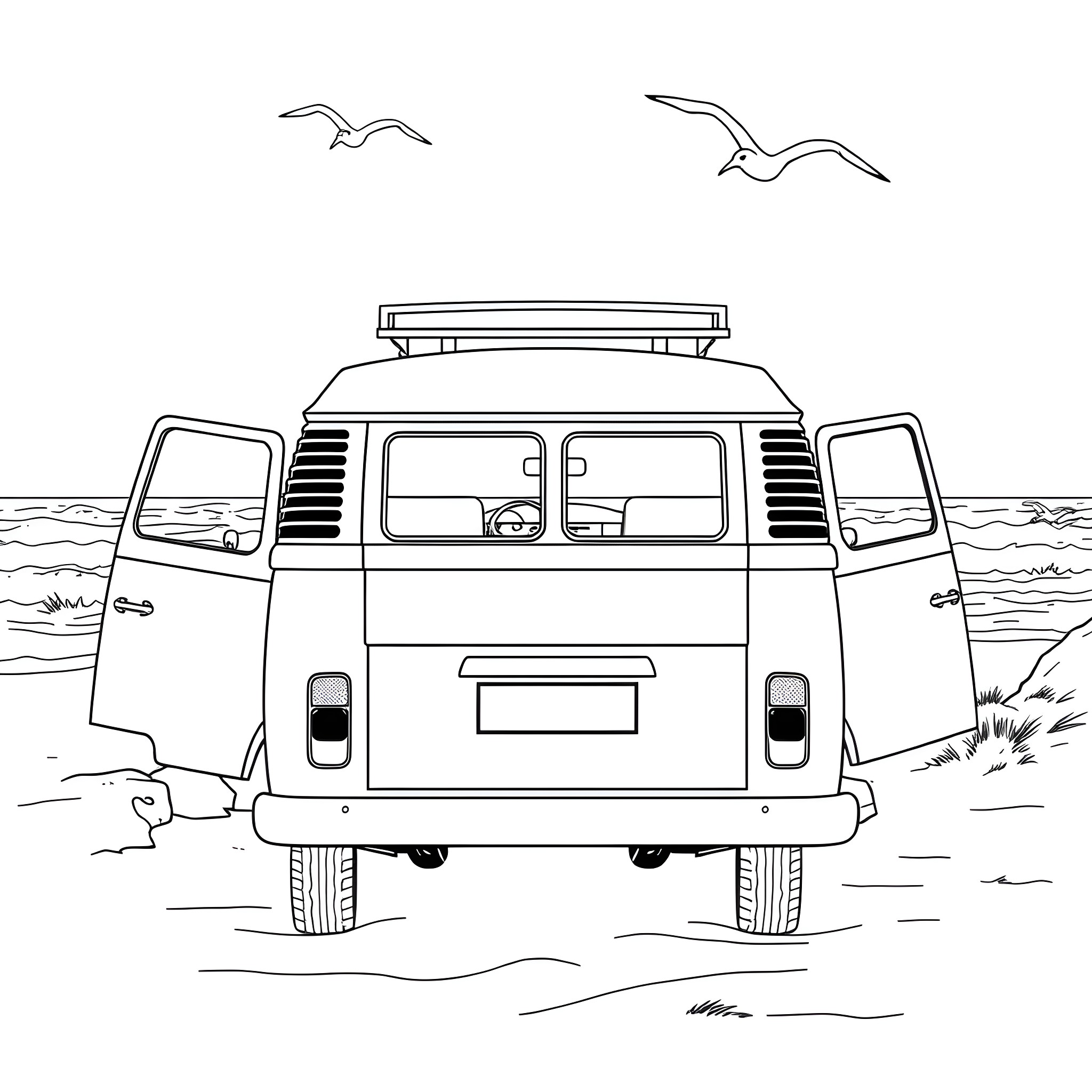Van exploring the seaside landscape Coloring Page (free black-and-white line drawing printable PDF for all, from beginners to advanced learners, including children, teens, adults, and seniors)