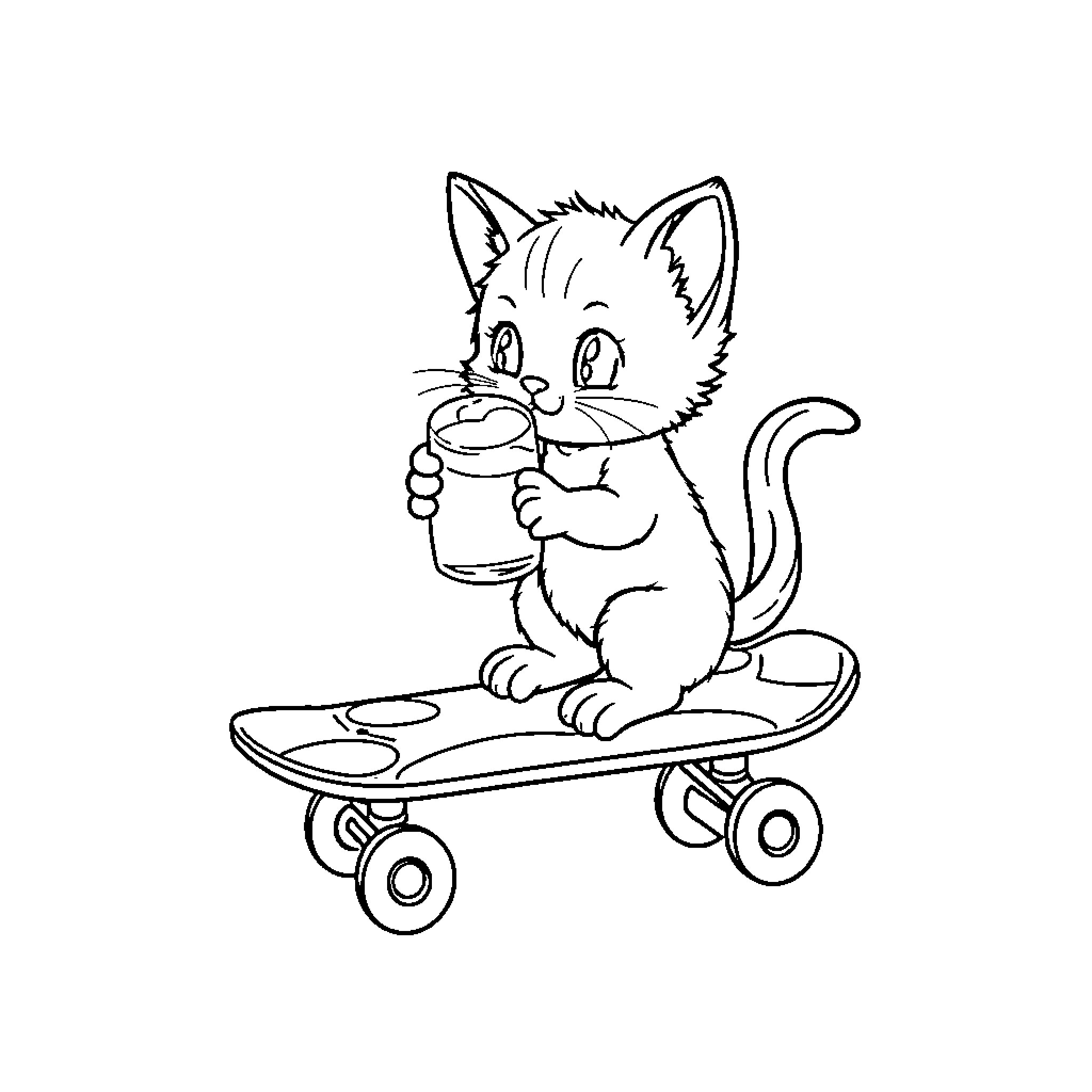 Kitty riding a skateboard with a mug Coloring Page (free black-and-white line drawing printable PDF for all, from beginners to advanced learners, including children, teens, adults, and seniors)