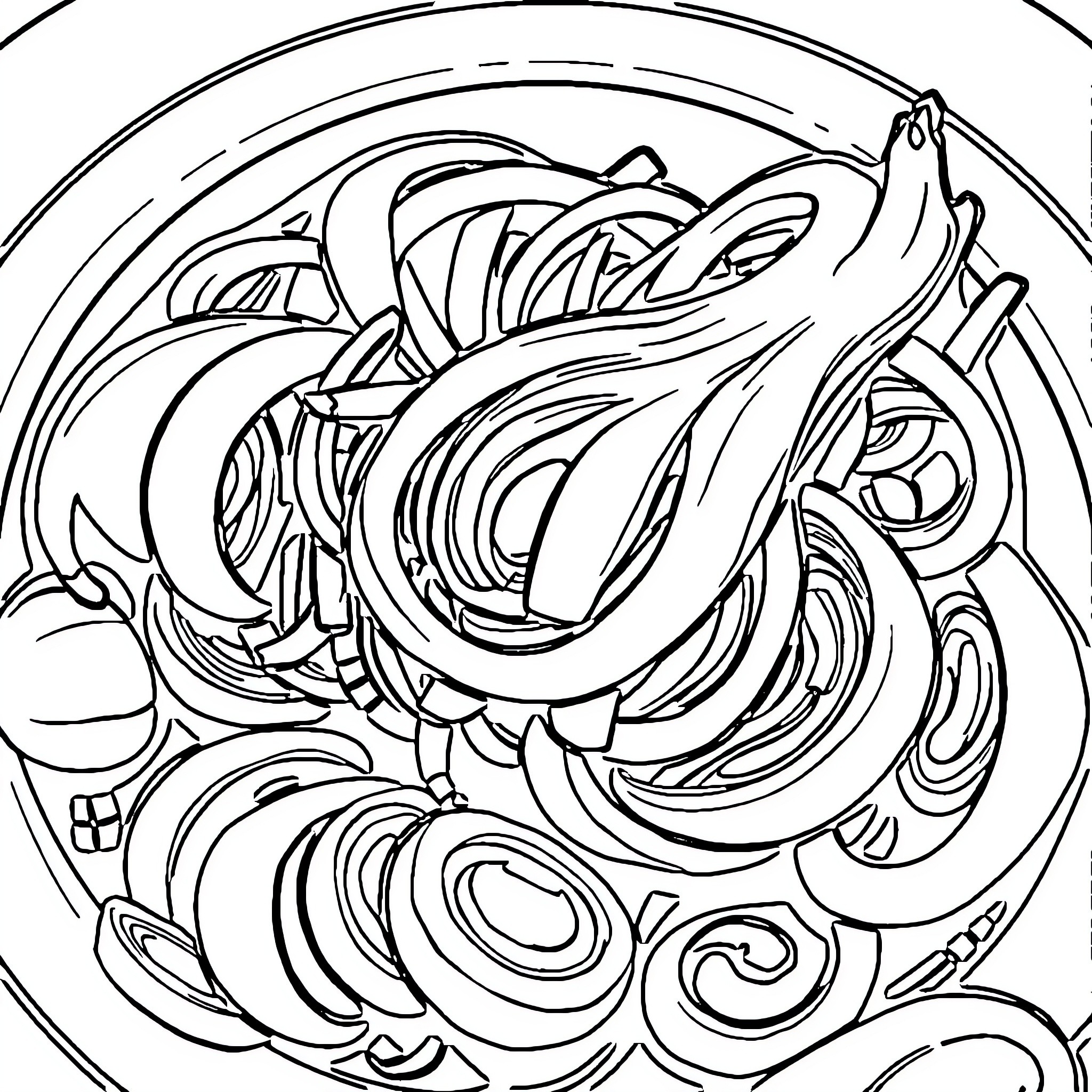 Shallot-inspired abstract shapes and patterns Coloring Page (free black-and-white line drawing printable PDF for all, from beginners to advanced learners, including children, teens, adults, and seniors)