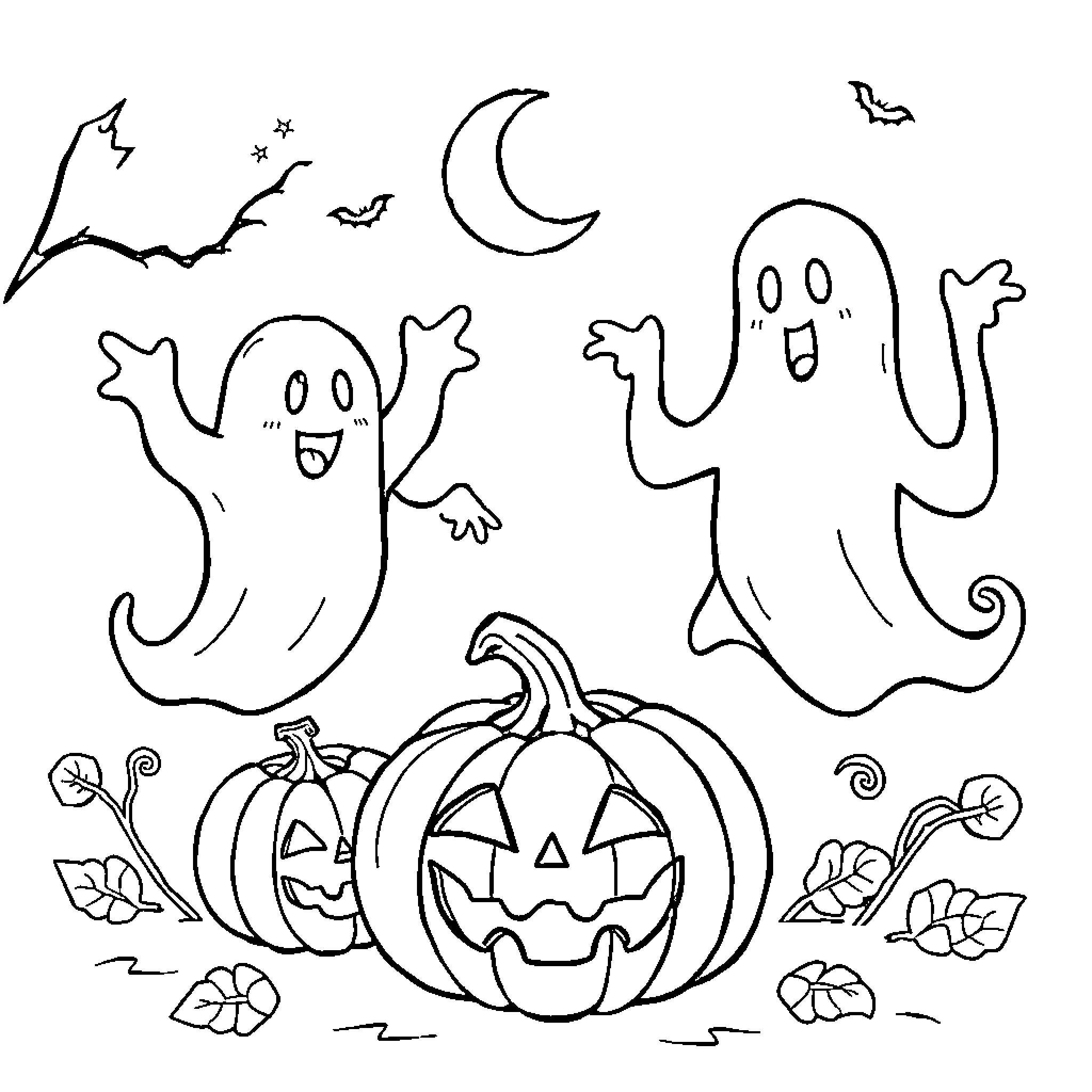 Halloween Ghosts and Pumpkins in the Night Coloring Page (free black-and-white line drawing printable PDF for all, from beginners to advanced learners, including children, teens, adults, and seniors)