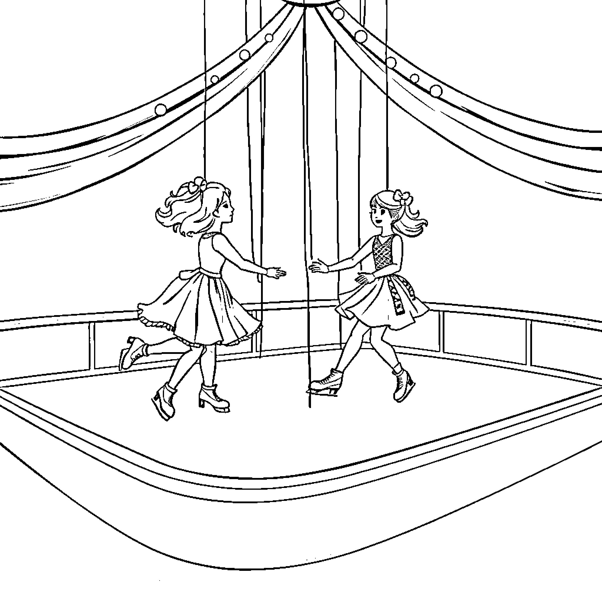 Marionette Dancers Performing on Stage Coloring Page (free black-and-white line drawing printable PDF for all, from beginners to advanced learners, including children, teens, adults, and seniors)