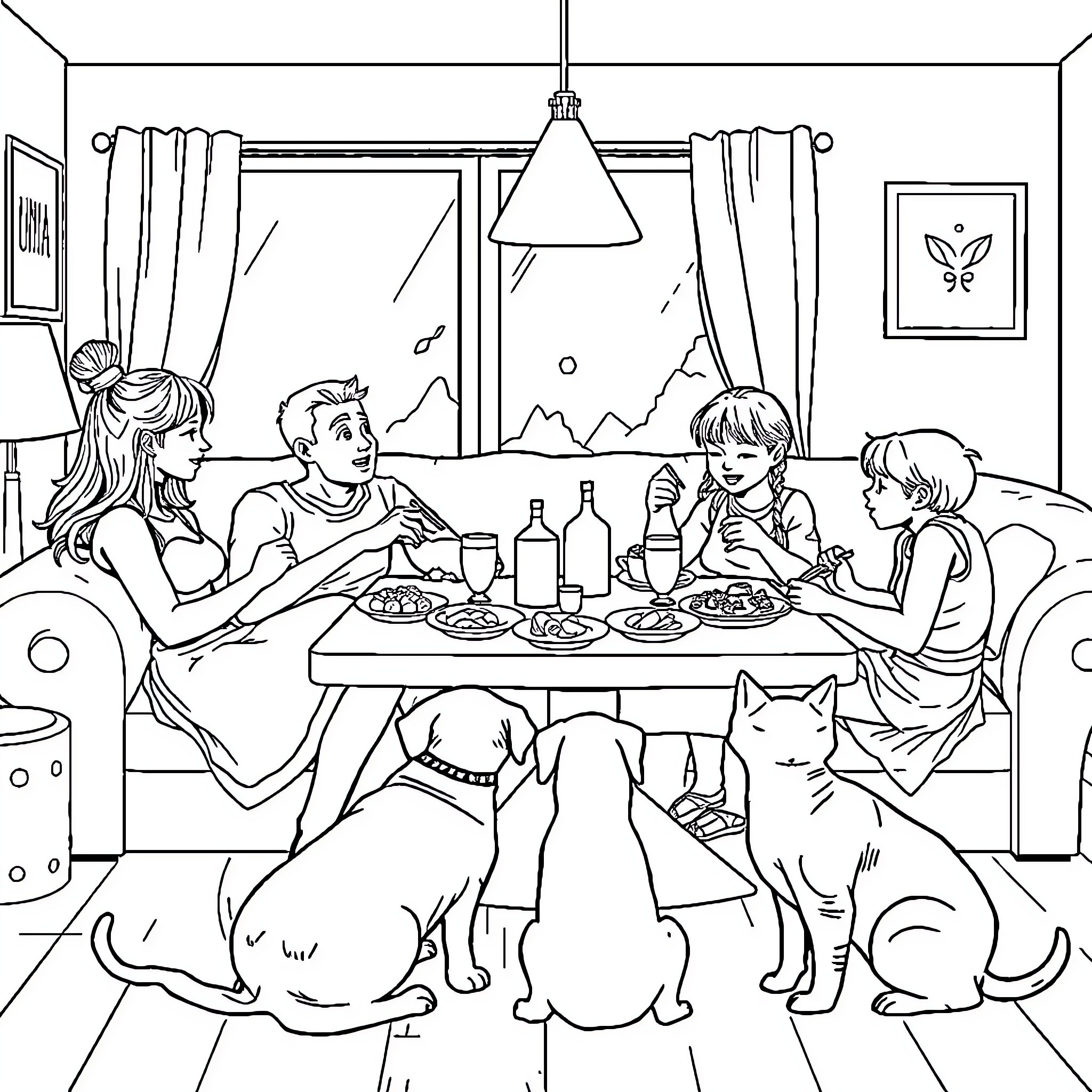 Family Enjoying Meal and Pets at Home Coloring Page (free black-and-white line drawing printable PDF for all, from beginners to advanced learners, including children, teens, adults, and seniors)