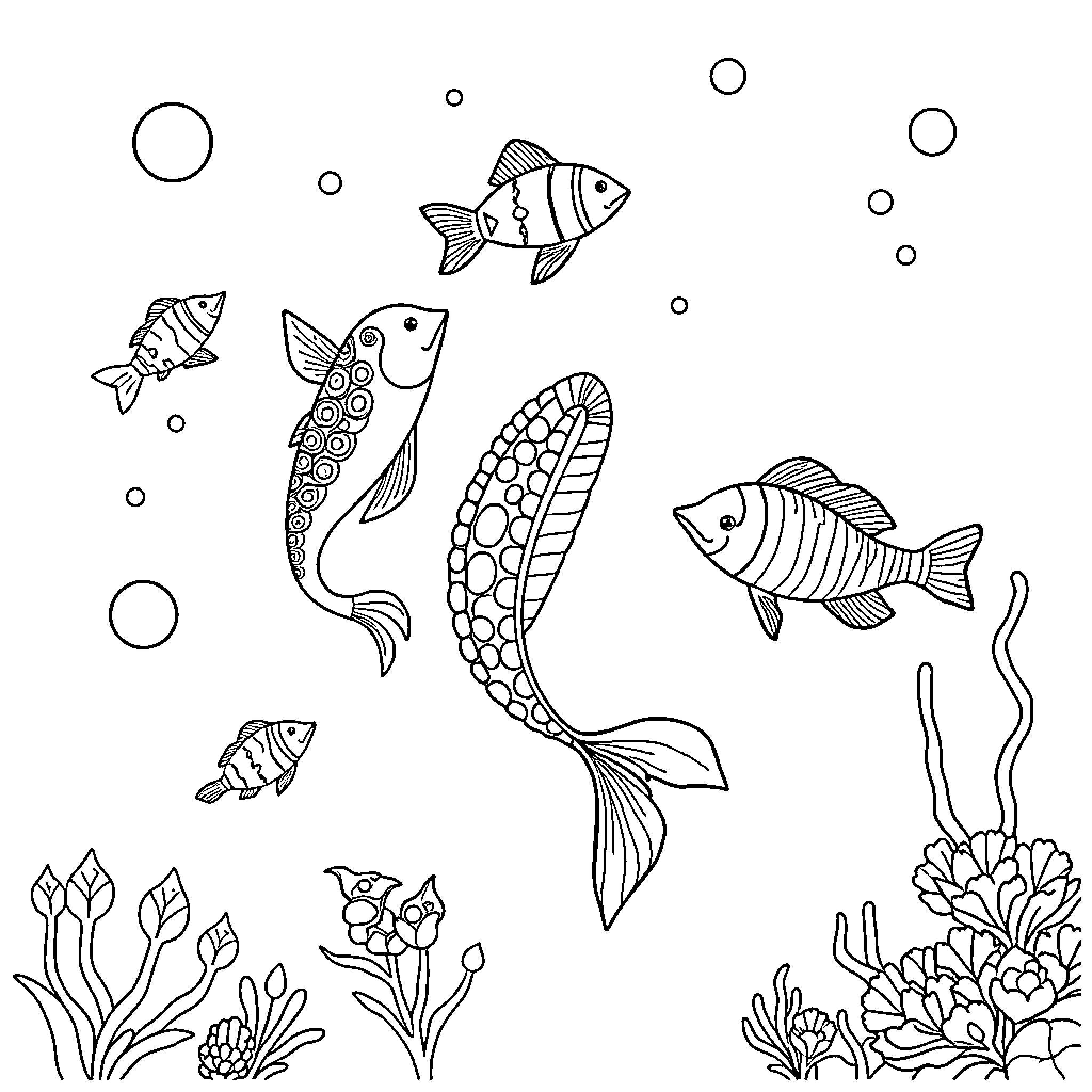 Sea Creatures Exploring the Underwater World Coloring Page (free black-and-white line drawing printable PDF for all, from beginners to advanced learners, including children, teens, adults, and seniors)