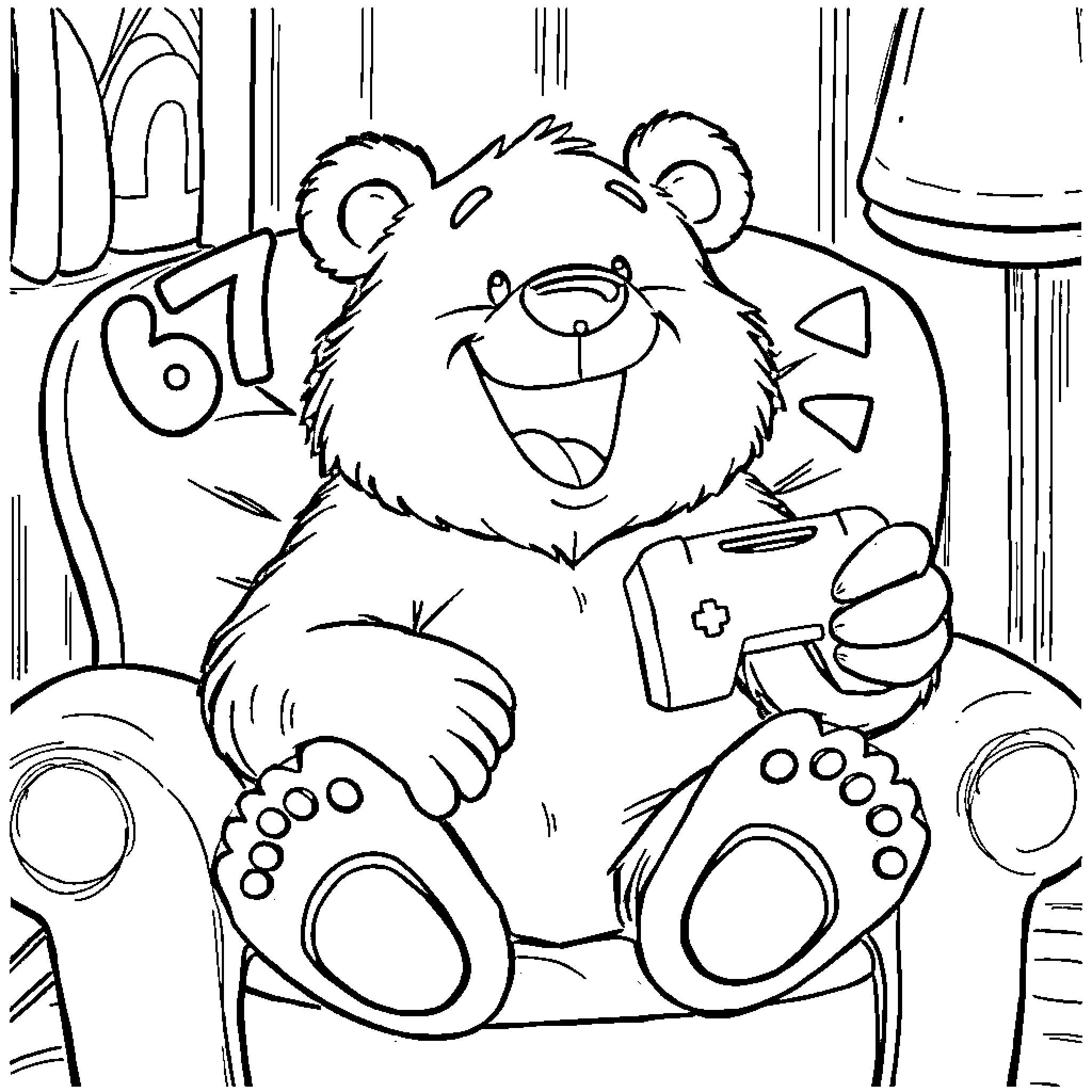 Bear reading a book happily in a cozy room Coloring Page (free black-and-white line drawing printable PDF for all, from beginners to advanced learners, including children, teens, adults, and seniors)