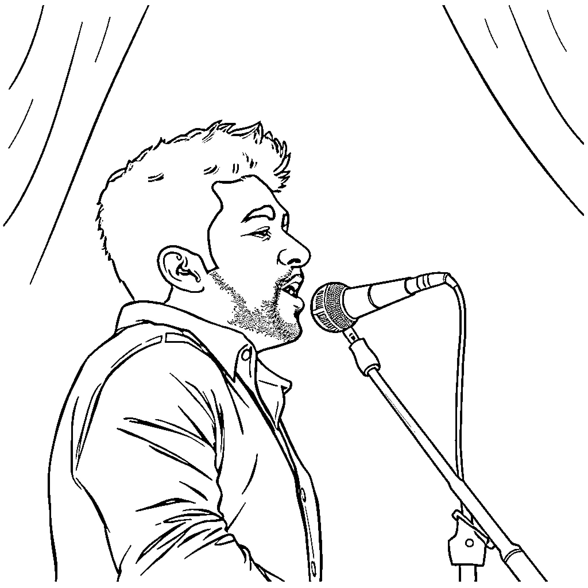 Jose Monge Cruz performing on stage with microphone Coloring Page (free black-and-white line drawing printable PDF for all, from beginners to advanced learners, including children, teens, adults, and seniors)