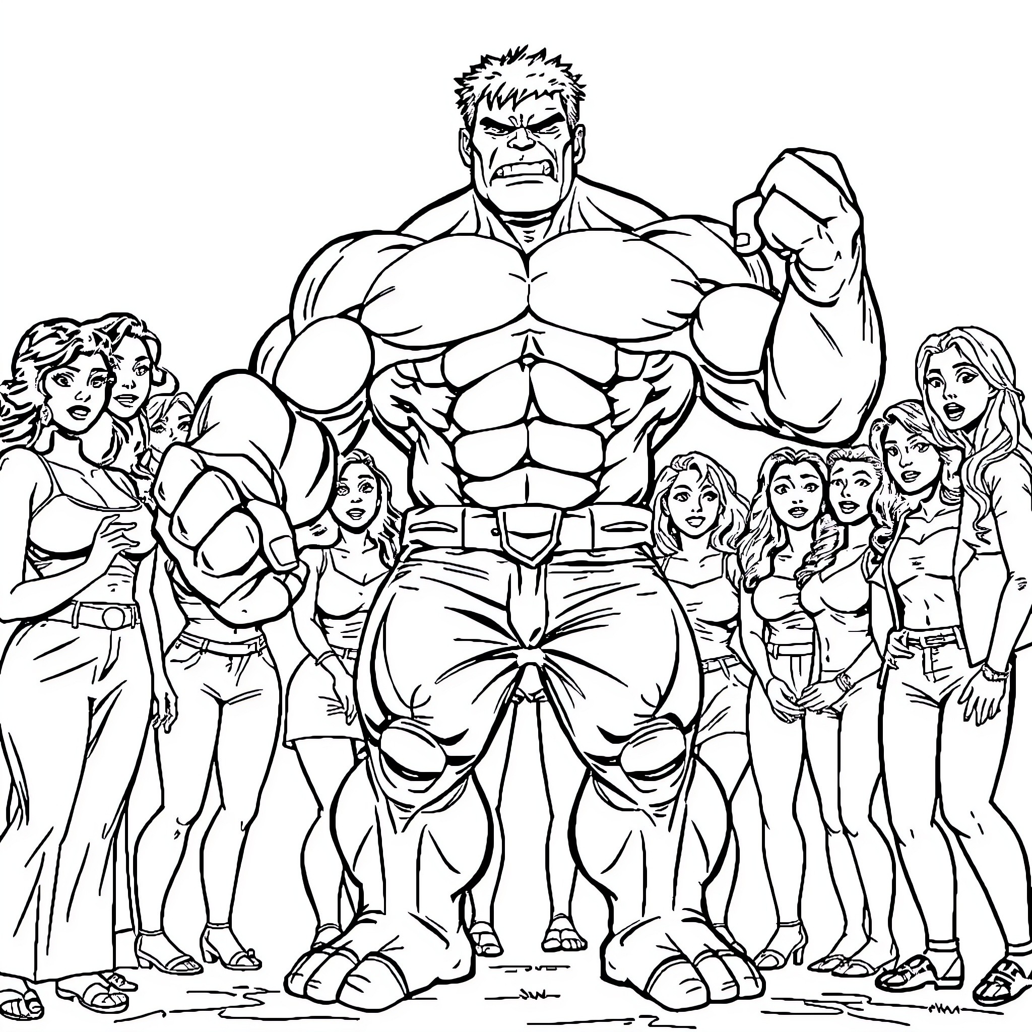 Hulk Leading a Heroic Crew in Action Coloring Page (free black-and-white line drawing printable PDF for all, from beginners to advanced learners, including children, teens, adults, and seniors)