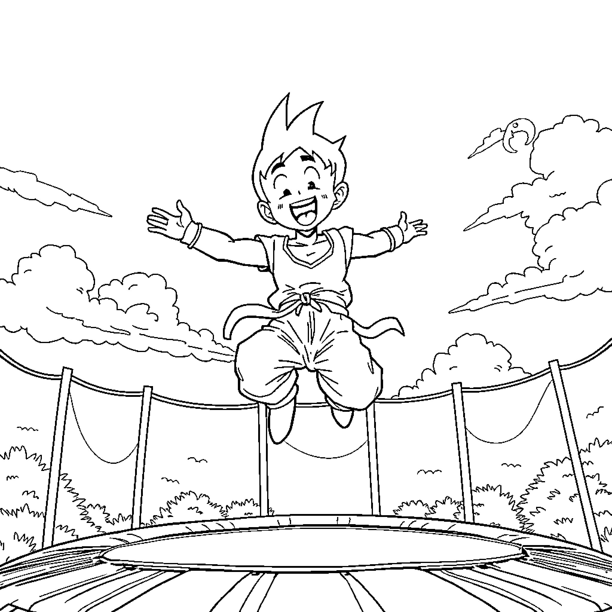 Gohan happily jumping on a trampoline in the park Coloring Page (free black-and-white line drawing printable PDF for all, from beginners to advanced learners, including children, teens, adults, and seniors)