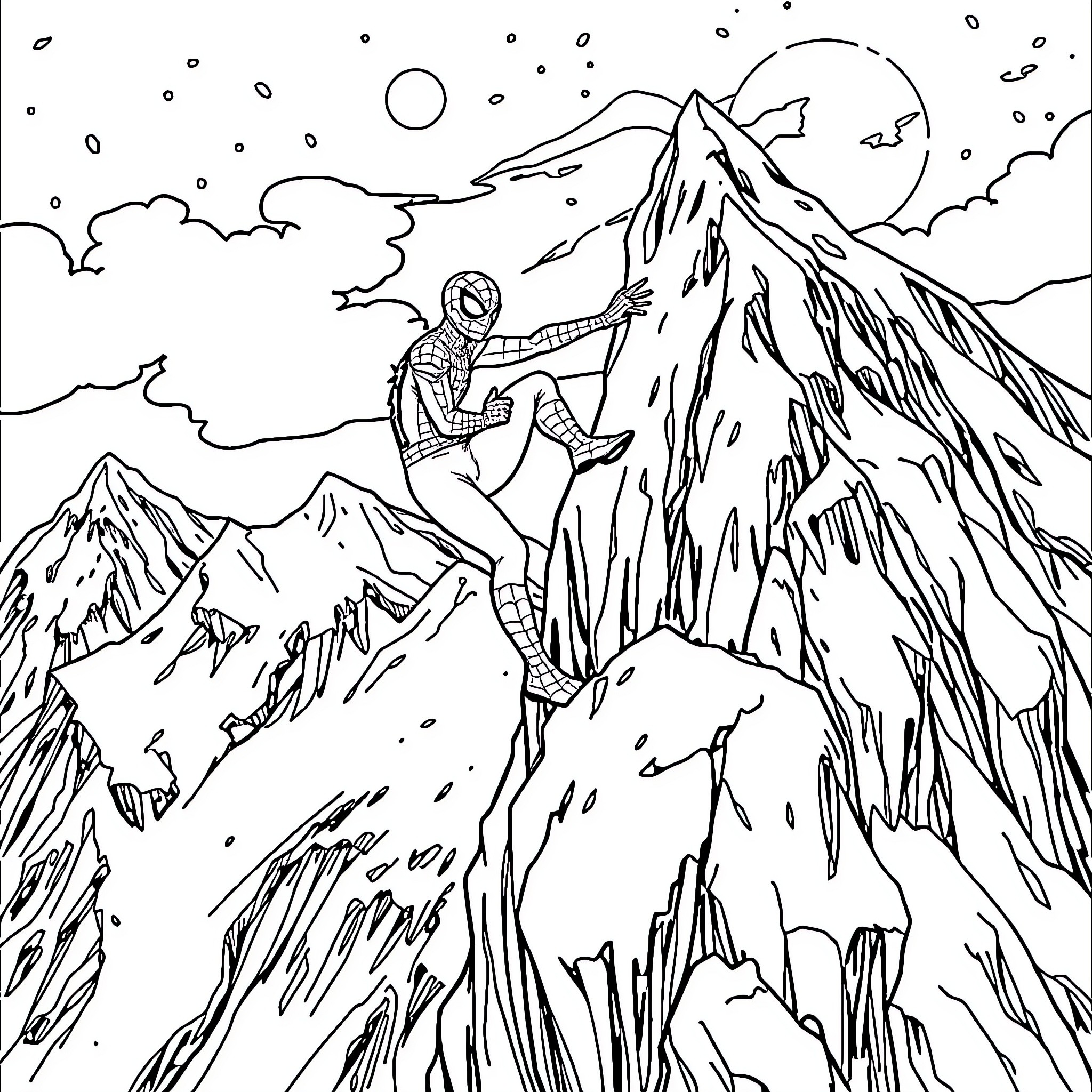Spidey scaling perilous mountain peaks Coloring Page (free black-and-white line drawing printable PDF for all, from beginners to advanced learners, including children, teens, adults, and seniors)