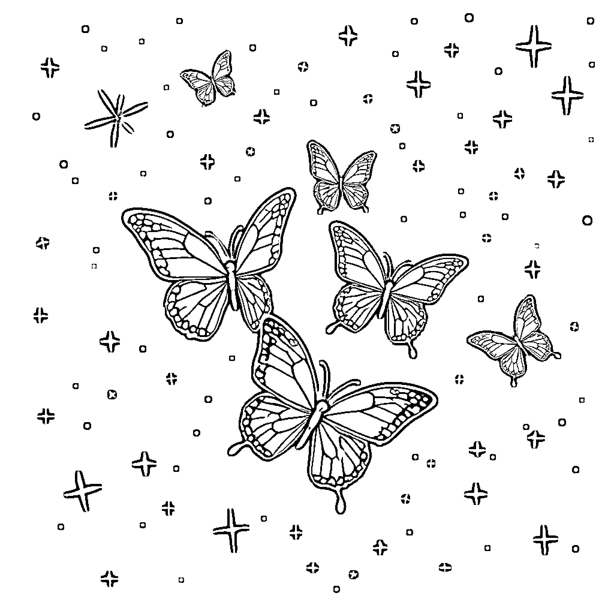 Butterfly Swarm Dancing in the Starry Night Coloring Page (free black-and-white line drawing printable PDF for all, from beginners to advanced learners, including children, teens, adults, and seniors)