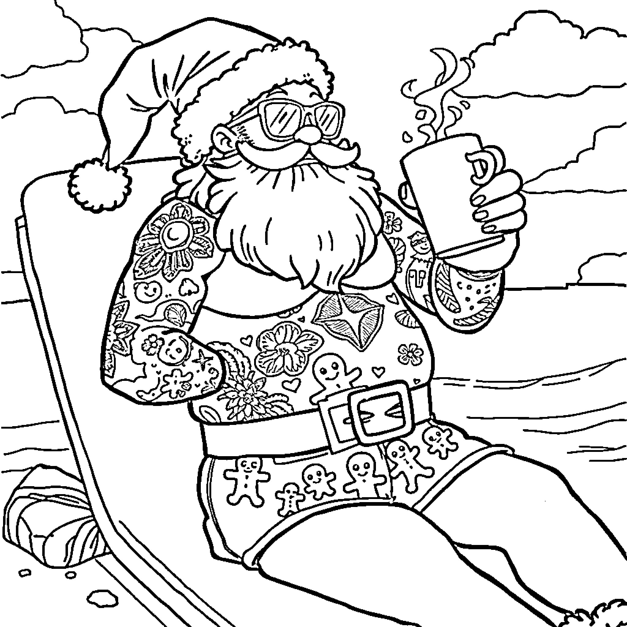 Santa enjoying the outdoors in a colorful outfit Coloring Page (free black-and-white line drawing printable PDF for all, from beginners to advanced learners, including children, teens, adults, and seniors)