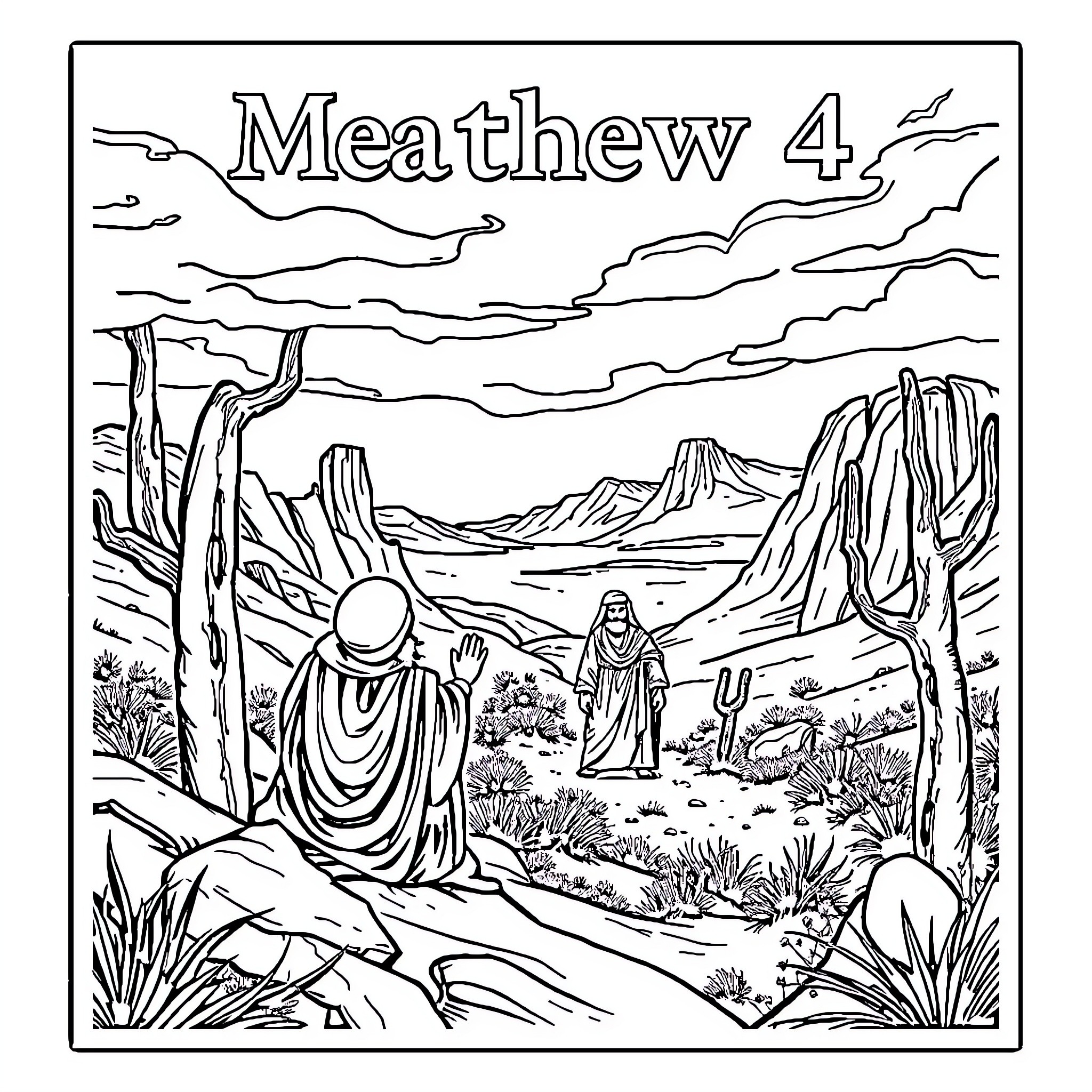 Bible scene of people in desert landscape Coloring Page (free black-and-white line drawing printable PDF for all, from beginners to advanced learners, including children, teens, adults, and seniors)
