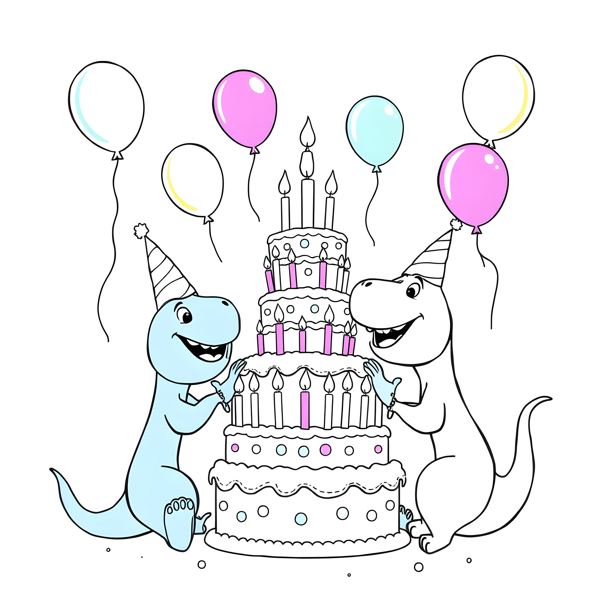 Bluey and friends celebrate with cake and balloons Coloring Page (free black-and-white line drawing printable PDF for all, from beginners to advanced learners, including children, teens, adults, and seniors)
