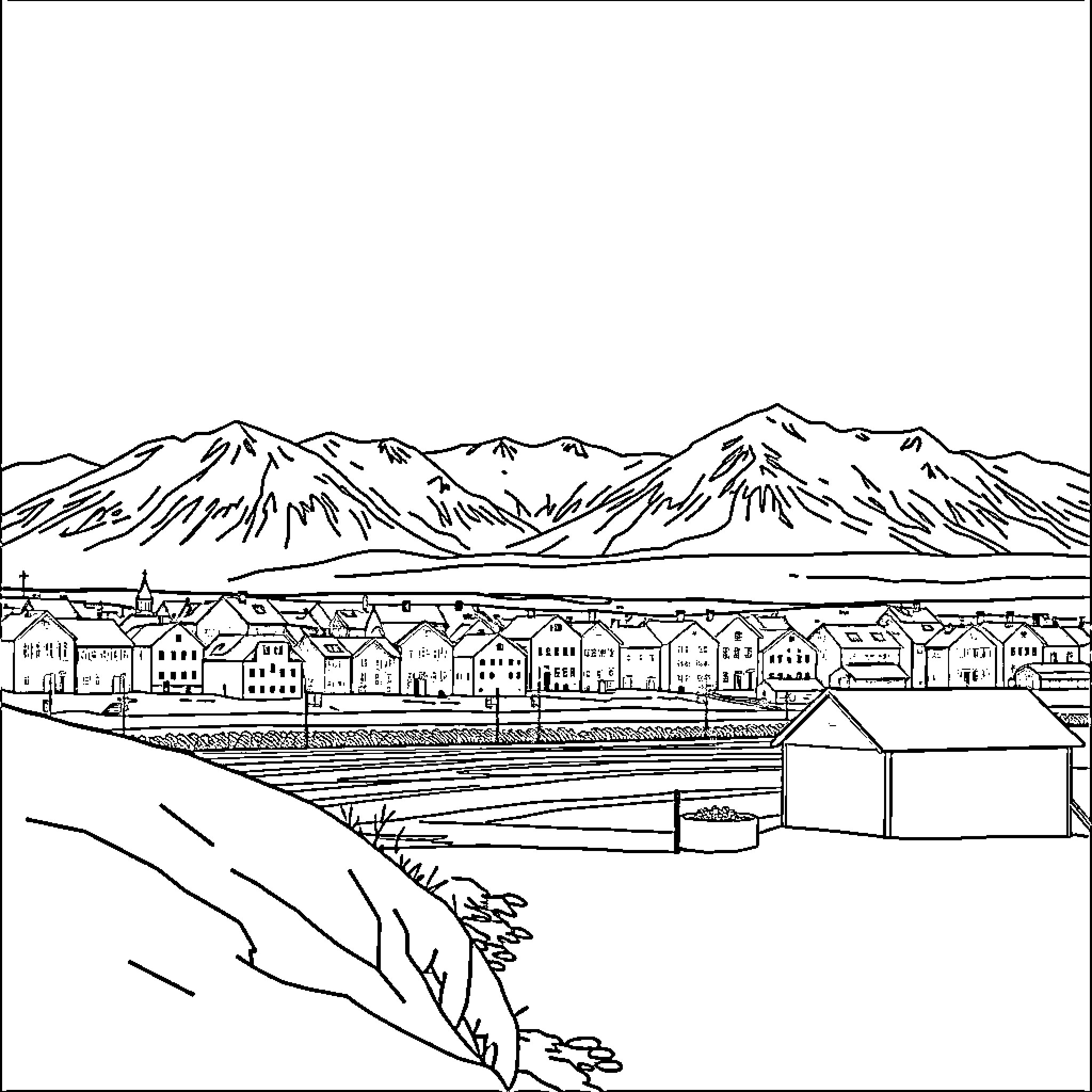 Nuuk's scenic coastal town nestled beneath snow-capped peaks Coloring Page (free black-and-white line drawing printable PDF for all, from beginners to advanced learners, including children, teens, adults, and seniors)