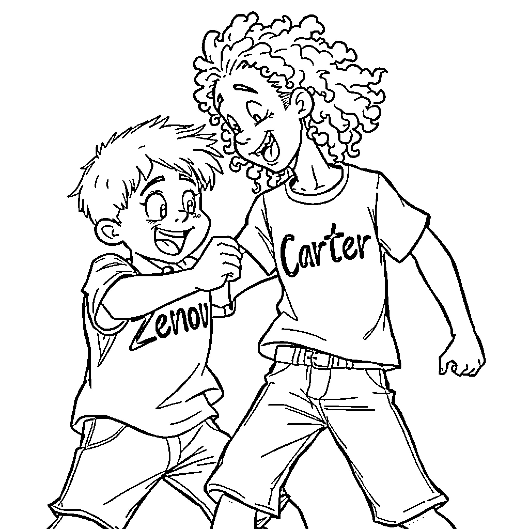 Kid brothers playing and smiling together Coloring Page (free black-and-white line drawing printable PDF for all, from beginners to advanced learners, including children, teens, adults, and seniors)