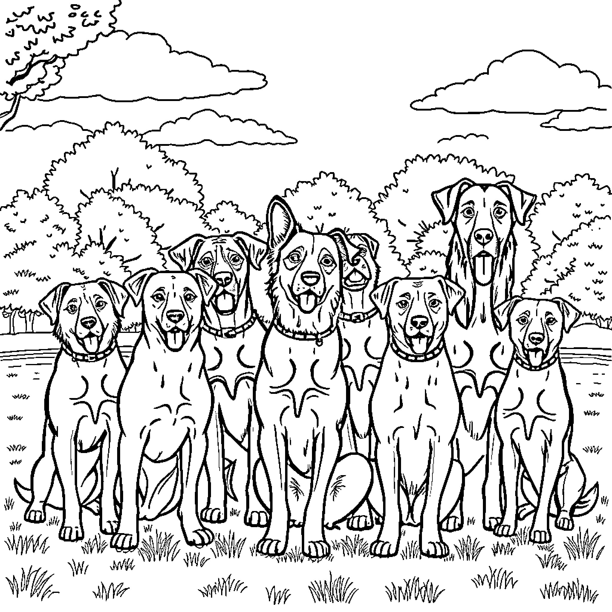 Dog family exploring the great outdoors Coloring Page (free black-and-white line drawing printable PDF for all, from beginners to advanced learners, including children, teens, adults, and seniors)
