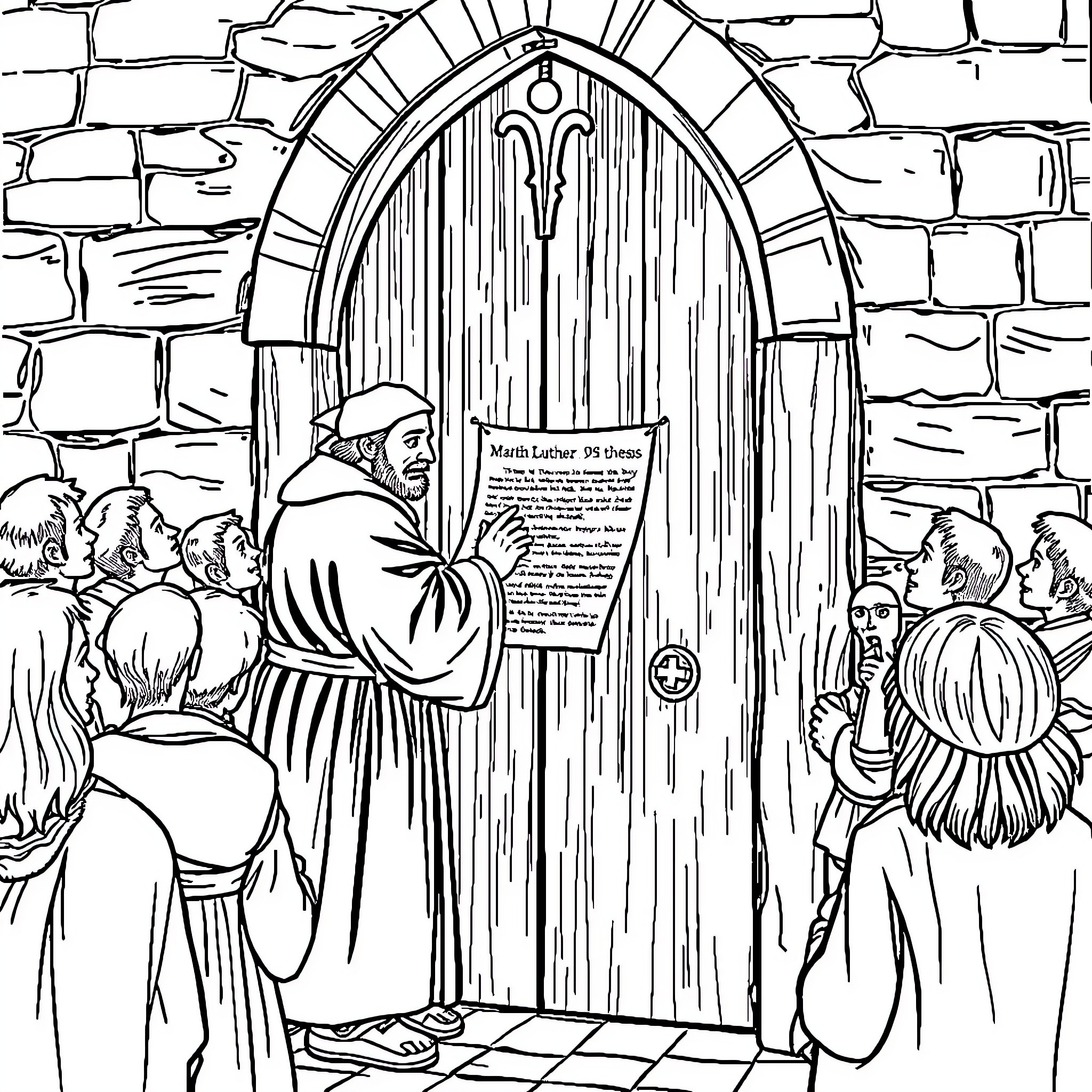Martin Luther preaching to a crowd before a church door Coloring Page (free black-and-white line drawing printable PDF for all, from beginners to advanced learners, including children, teens, adults, and seniors)