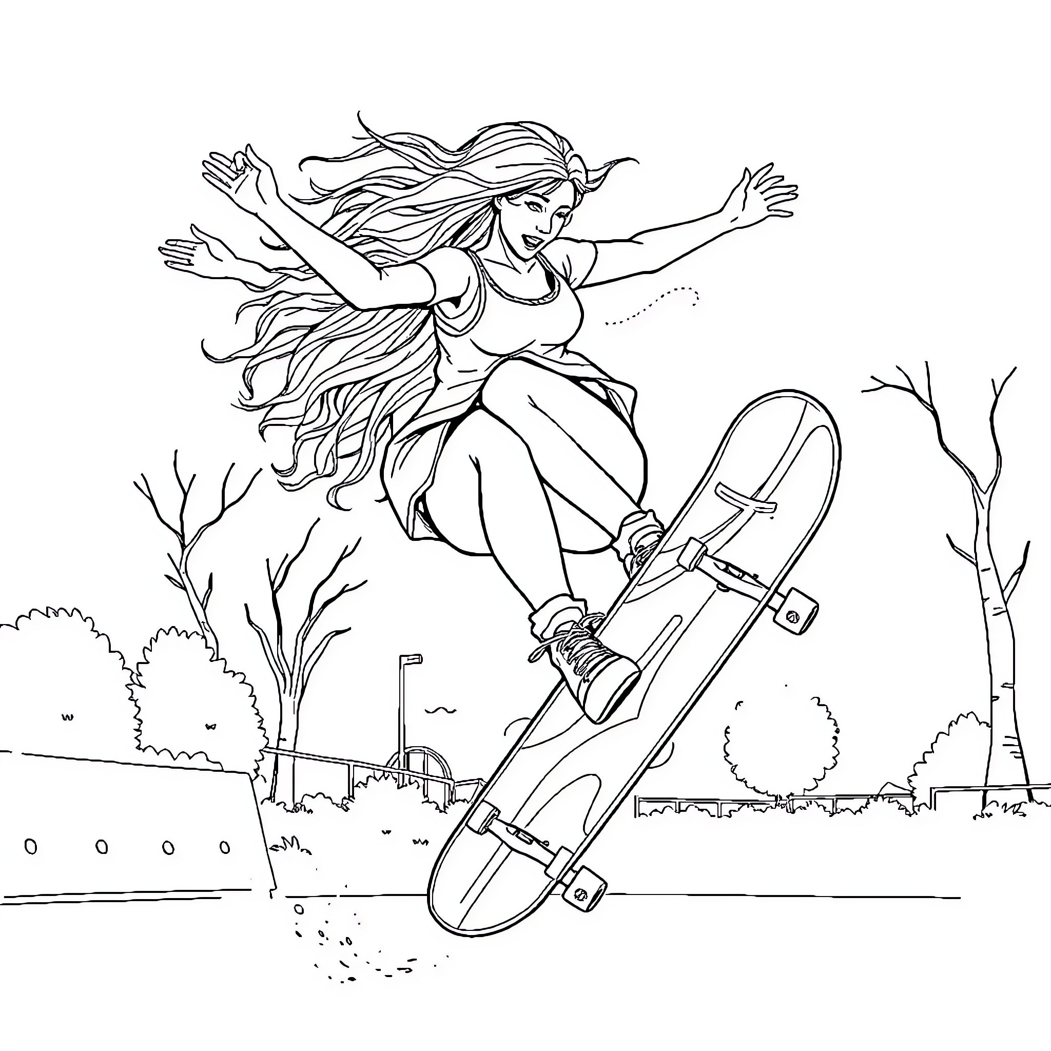 Mum's skateboarding adventure in the park Coloring Page (free black-and-white line drawing printable PDF for all, from beginners to advanced learners, including children, teens, adults, and seniors)