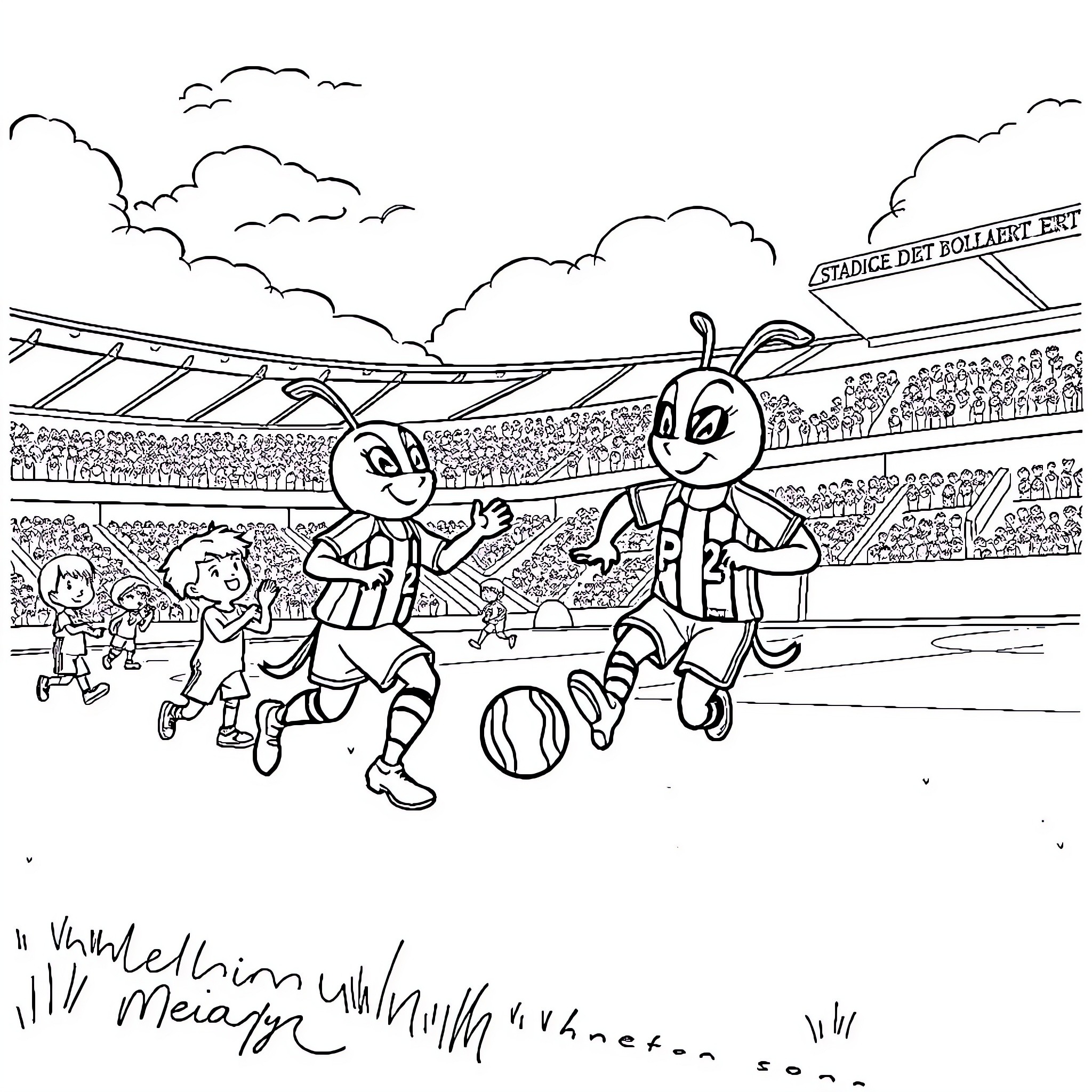 Pat Patrouille playing soccer in stadium Coloring Page (free black-and-white line drawing printable PDF for all, from beginners to advanced learners, including children, teens, adults, and seniors)