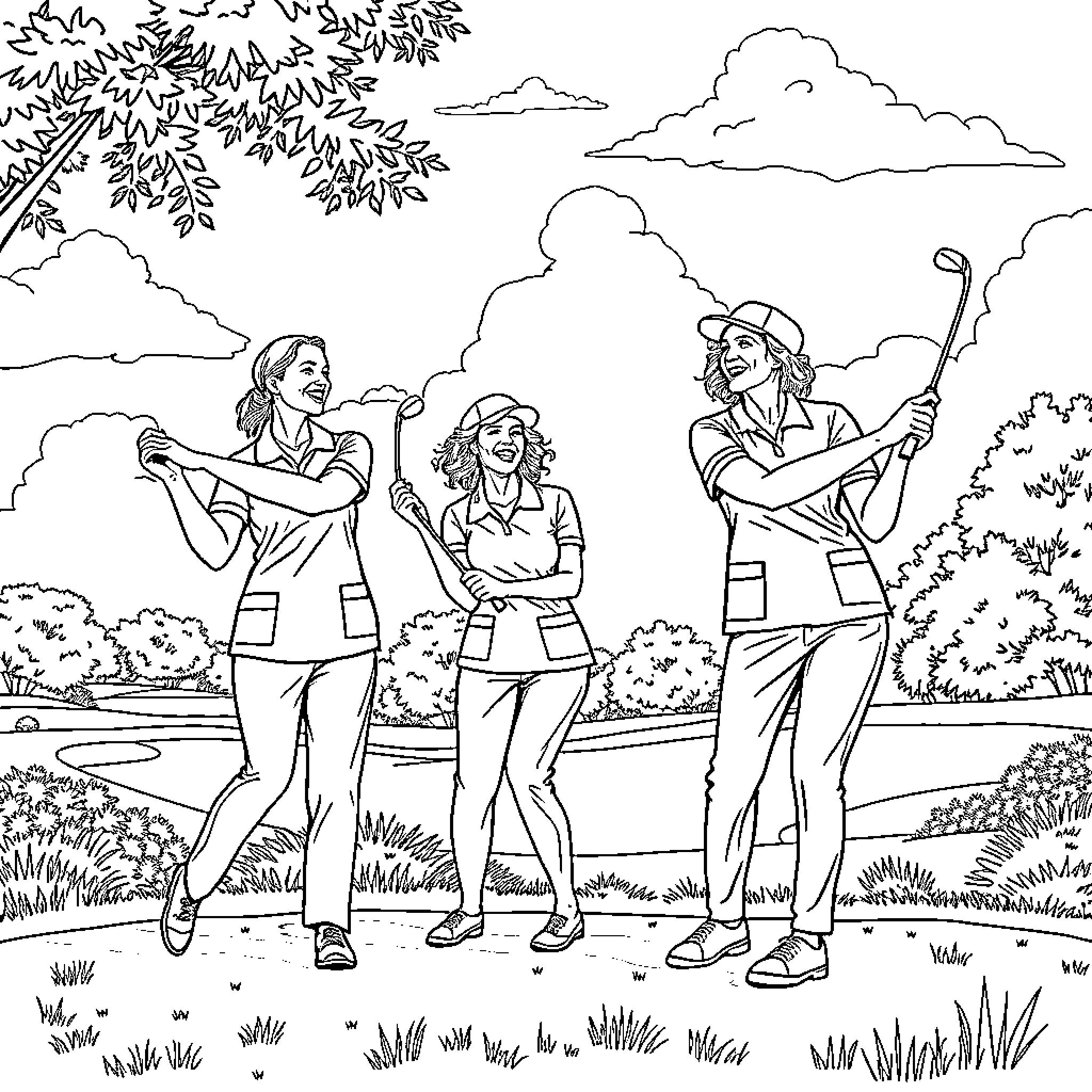 Nurses Caring for Patients in Outdoor Setting Coloring Page (free black-and-white line drawing printable PDF for all, from beginners to advanced learners, including children, teens, adults, and seniors)