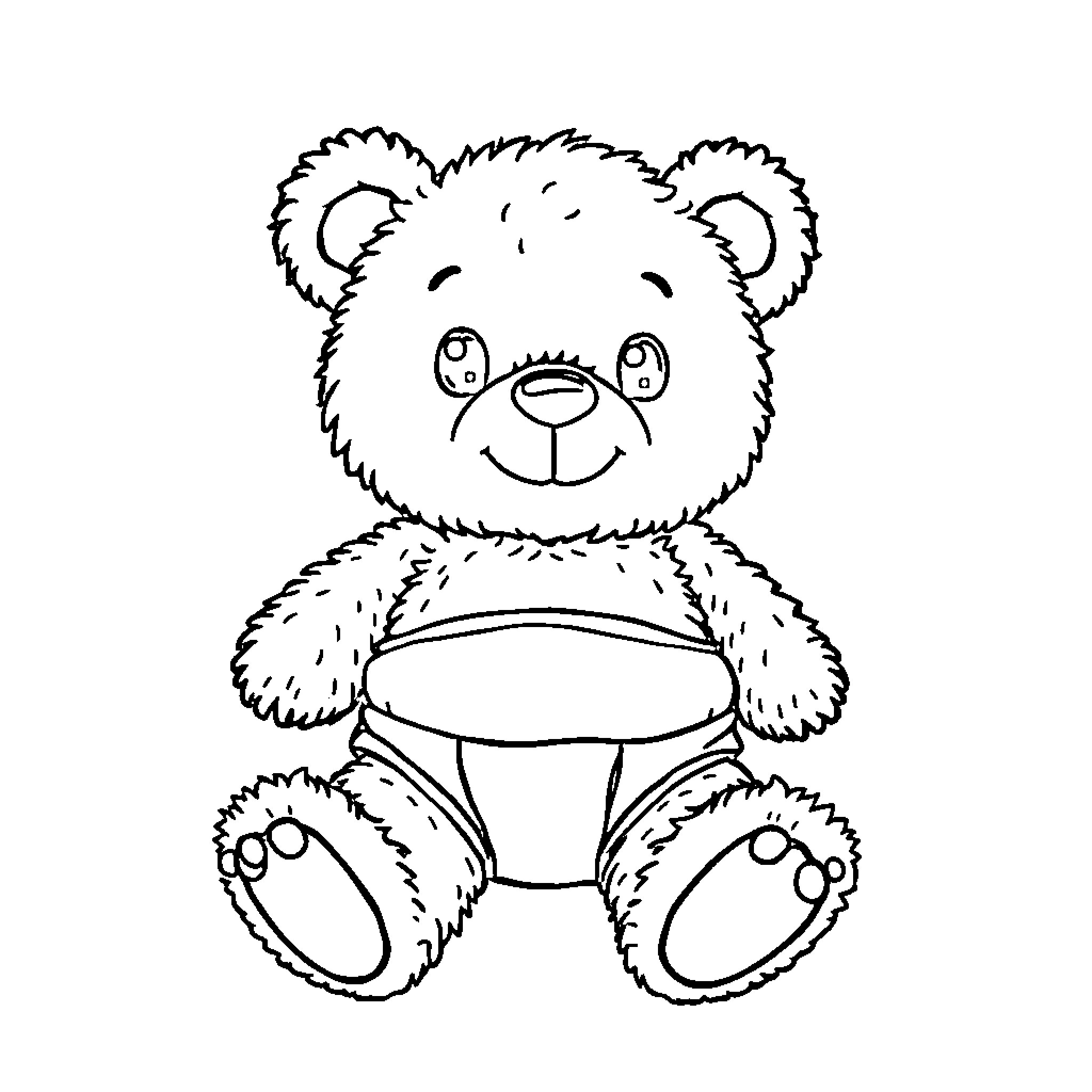 Teddy Bear Sitting Happily Coloring Page (free black-and-white line drawing printable PDF for all, from beginners to advanced learners, including children, teens, adults, and seniors)
